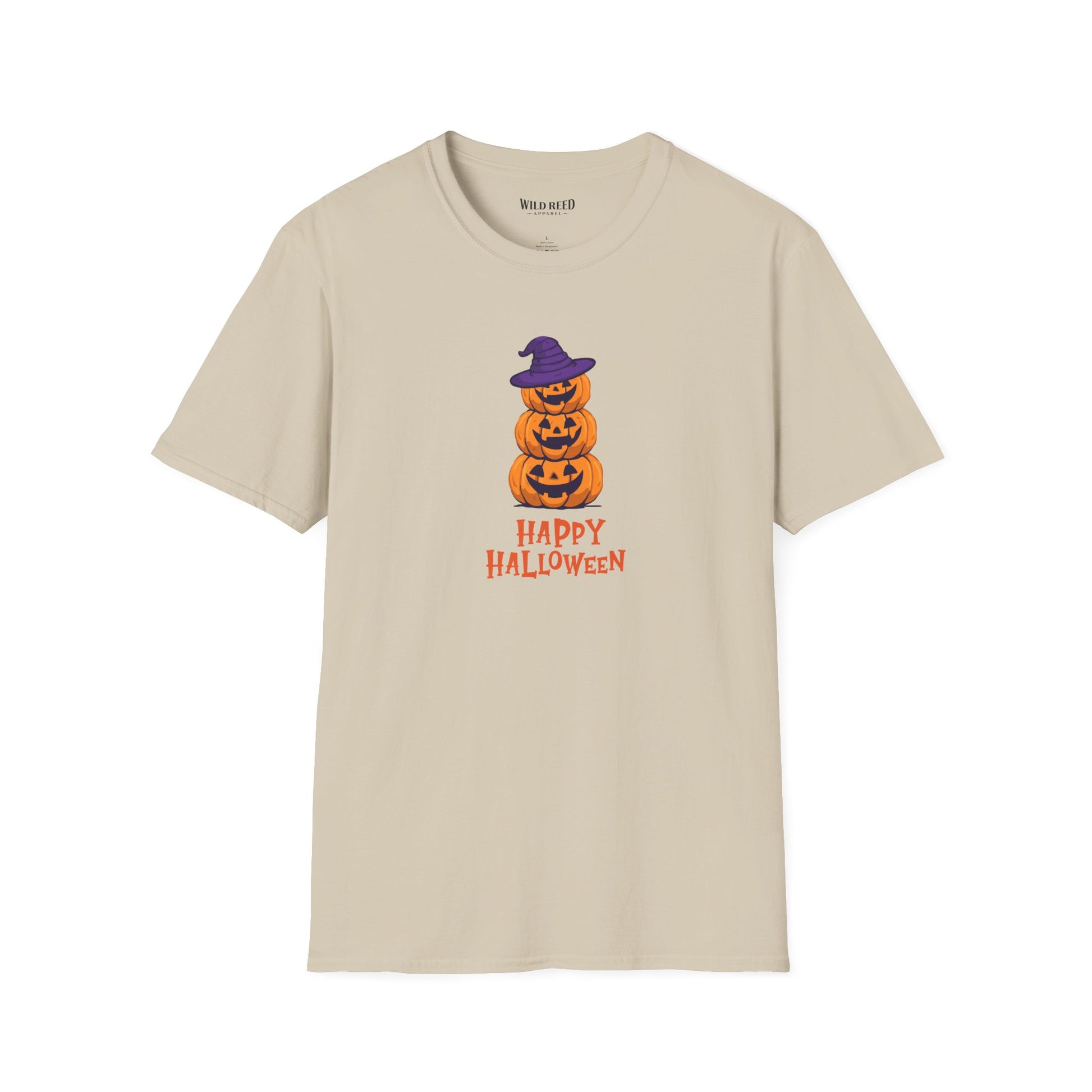A beige crewneck t-shirt featuring a graphic of three stacked jack-o'-lanterns wearing a purple witch hat with 'HAPPY HALLOWEEN' printed below in orange, displayed on a clean white background.