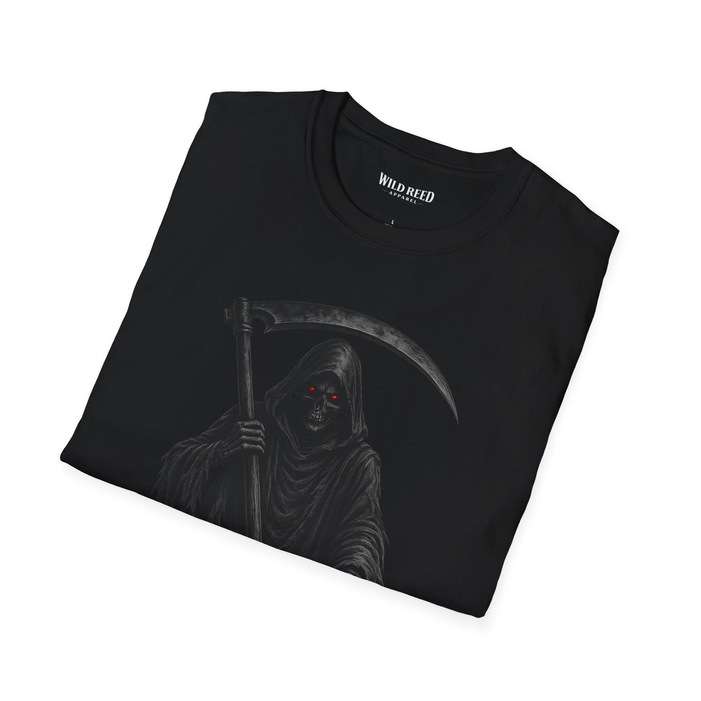 Folded black t-shirt with the grim reaper in black and dark gray tones and red eyes design
