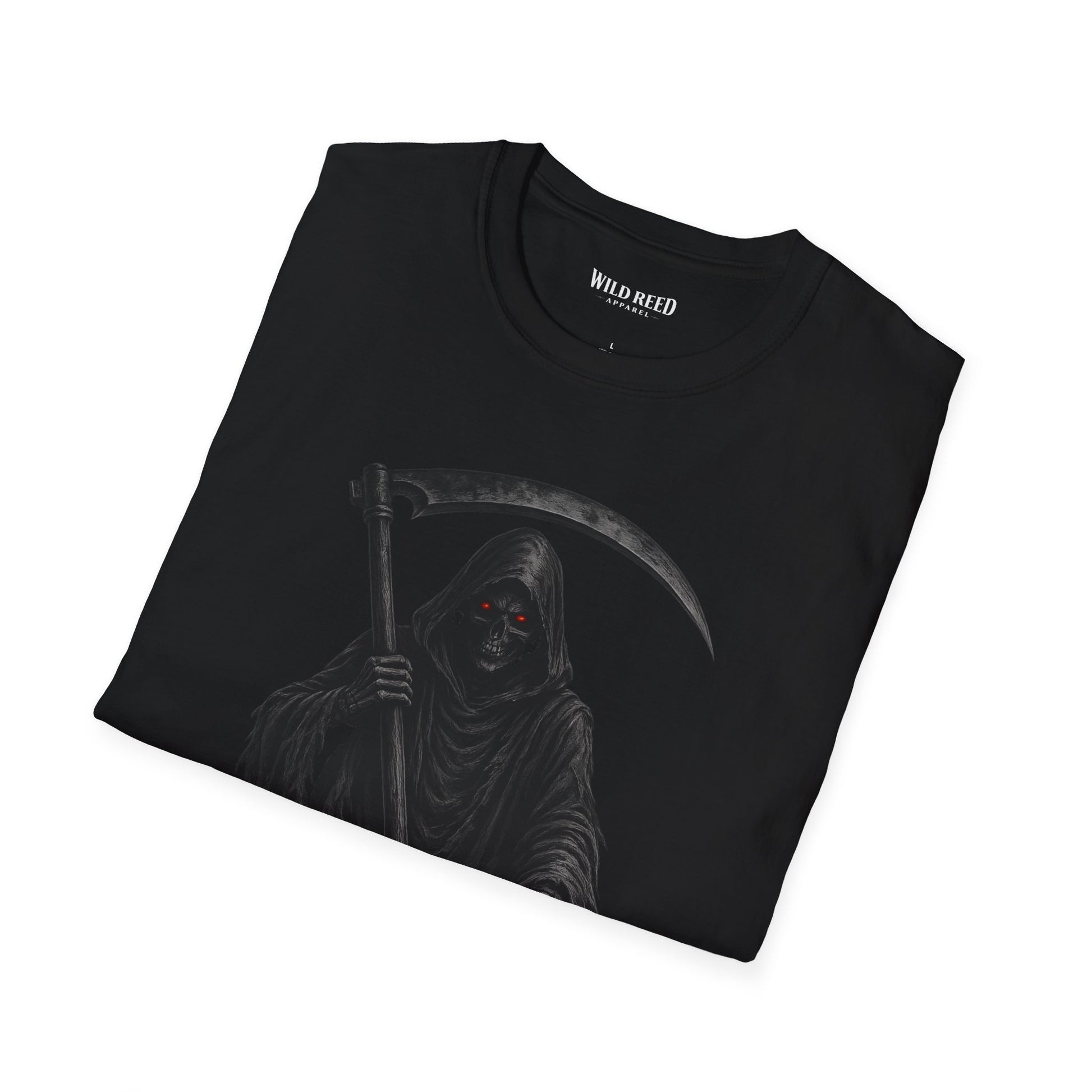 Folded black t-shirt with the grim reaper in black and dark gray tones and red eyes design