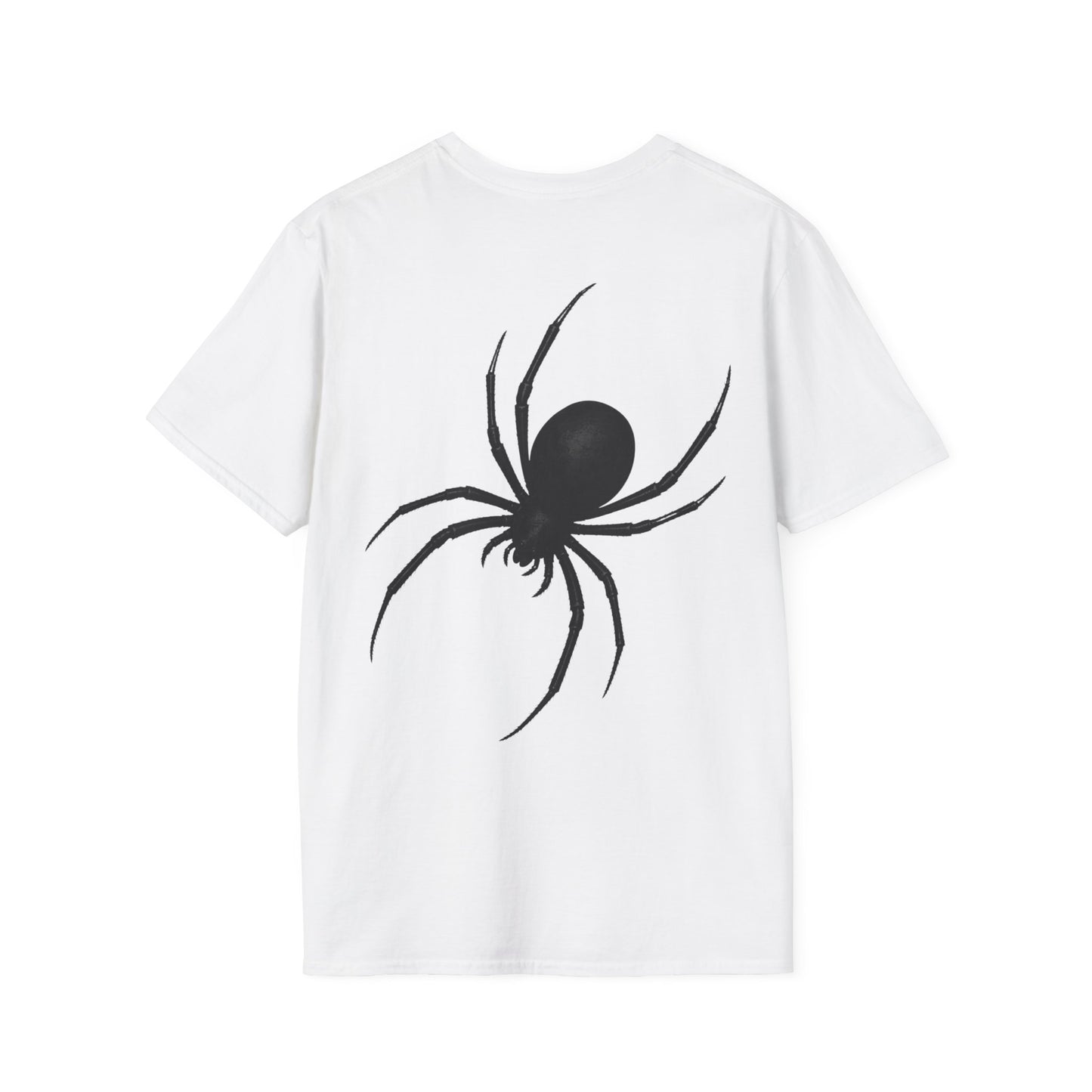 A white short-sleeve crewneck t-shirt featuring a large black spider graphic printed on the back, displayed against a solid white background.