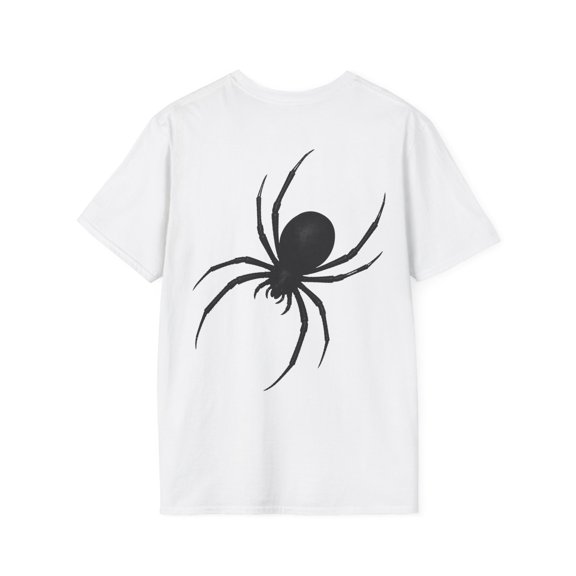 A white short-sleeve crewneck t-shirt featuring a large black spider graphic printed on the back, displayed against a solid white background.
