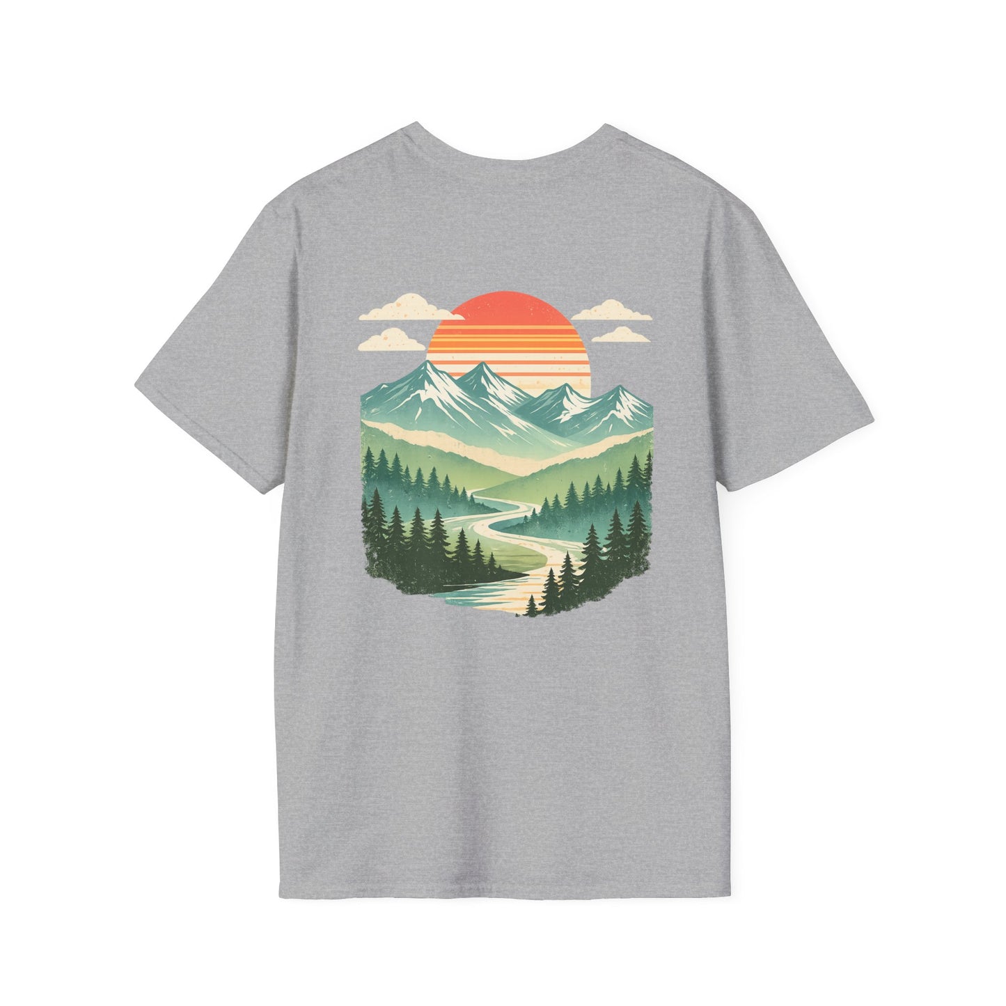 Retro Mountain Sunset Back Print T-Shirt | Vintage Outdoor Landscape Graphic Tee | Heritage Vintage Collection