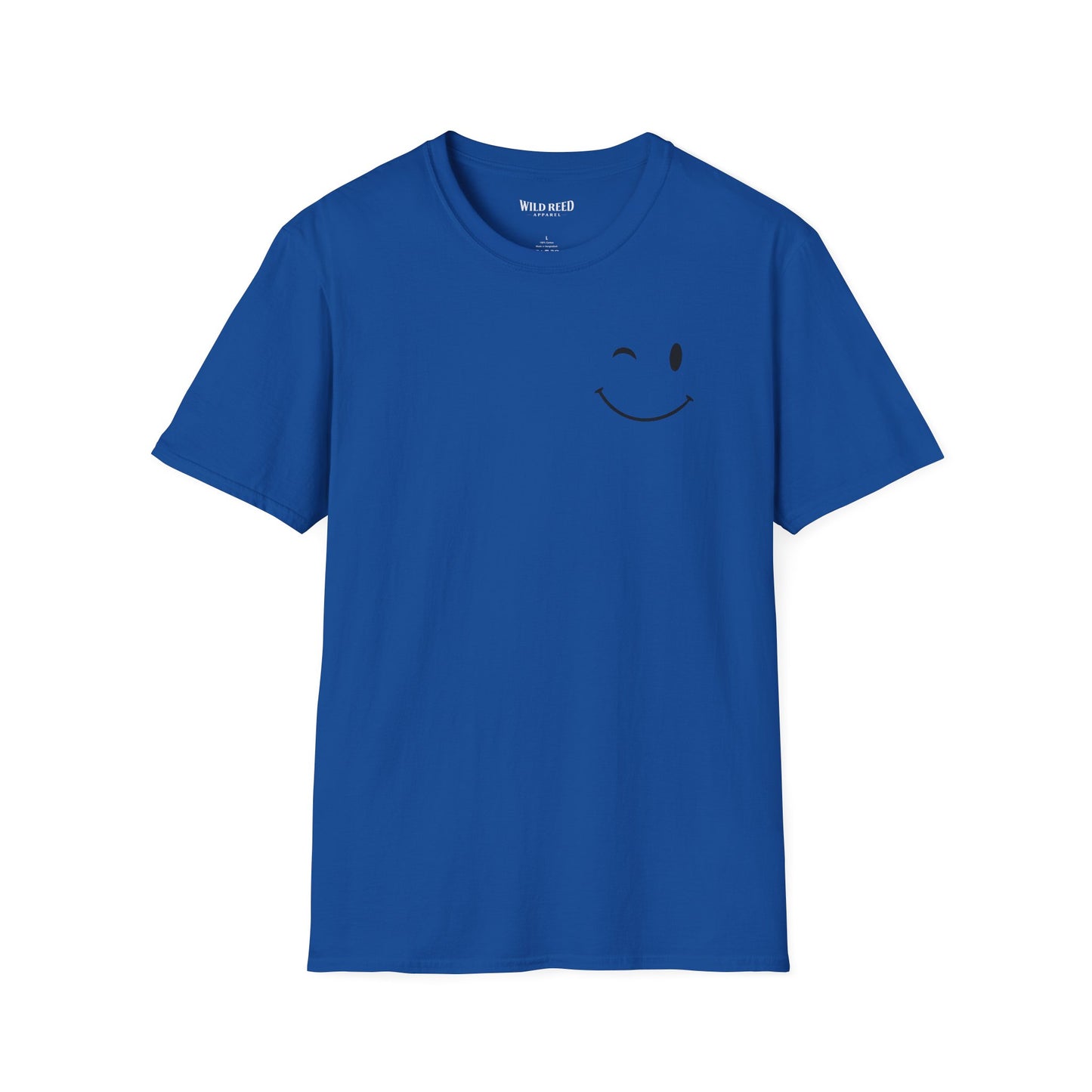 royal blue graphic T-shirt with a small winking smiley face on the front and Have the kind of day you deserve printed on the back.