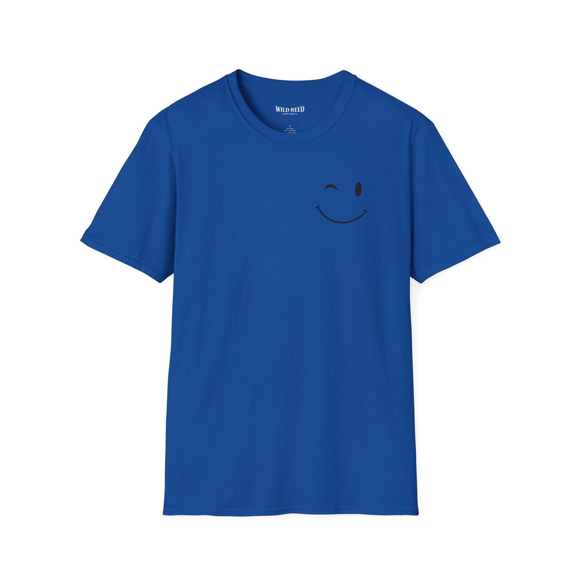 royal blue graphic T-shirt with a small winking smiley face on the front and Have the kind of day you deserve printed on the back.