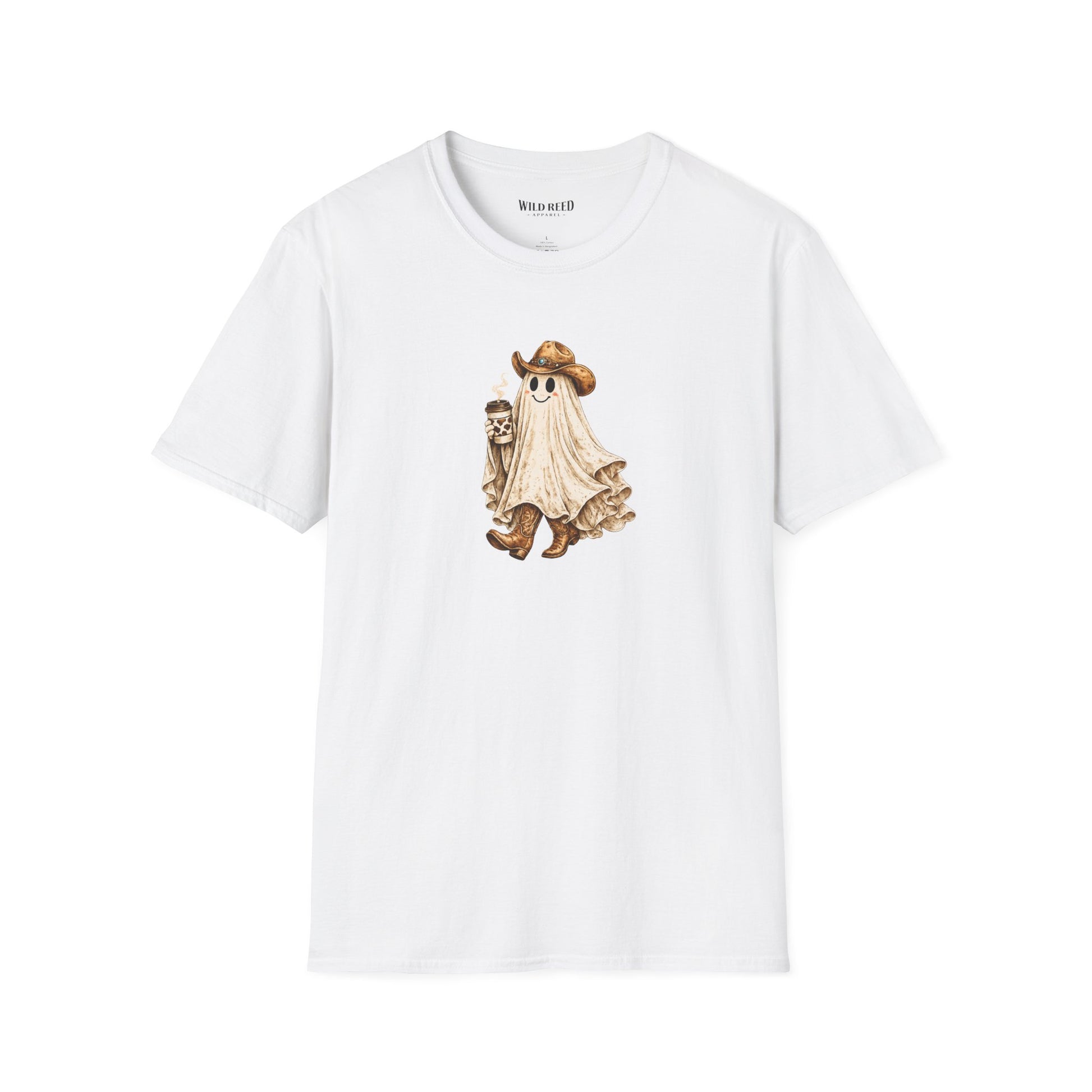 Vintage western ghost graphic on a white t-shirt featuring a smiling ghost in a cowboy hat and cowboy boots holding a cow print coffee cup.