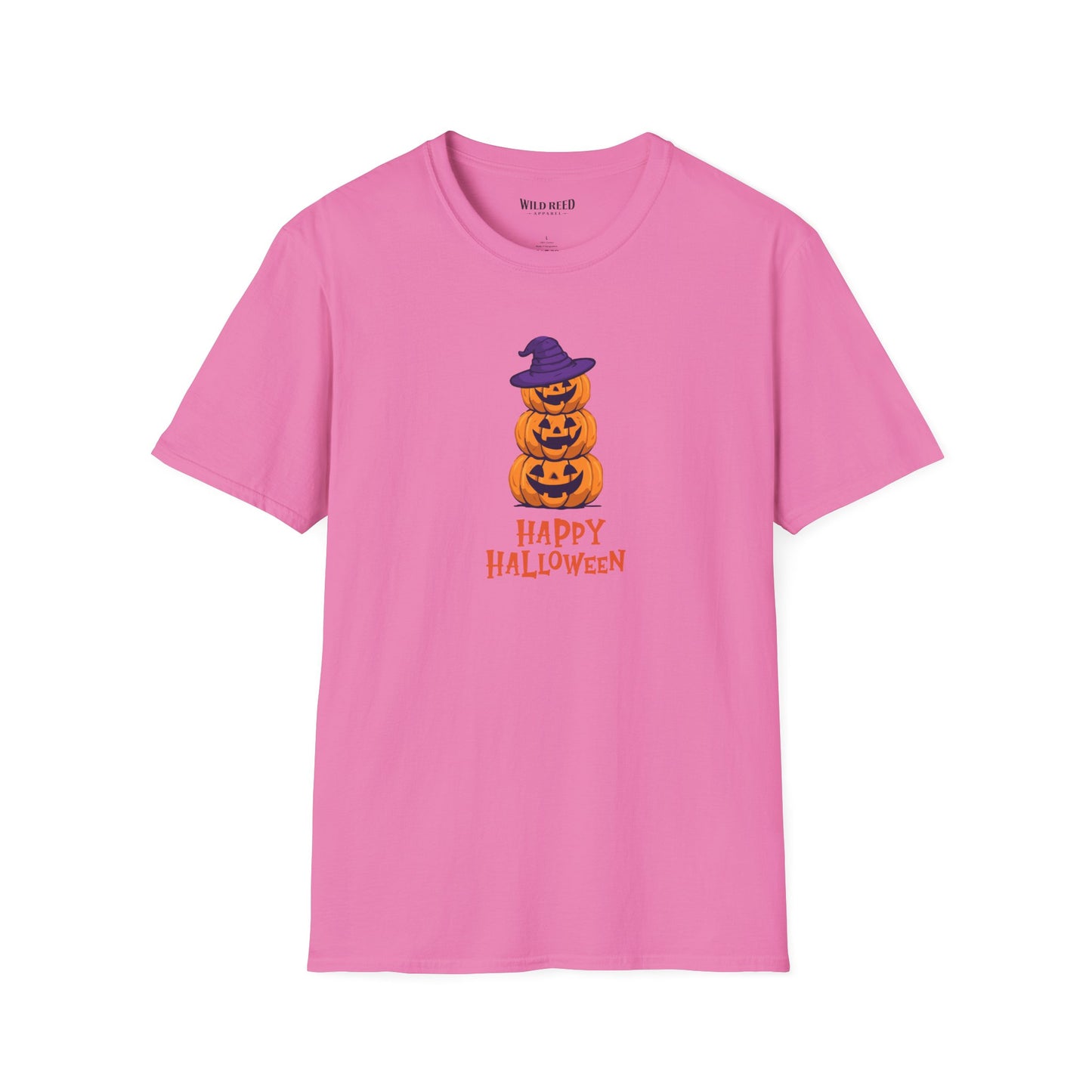 A pink short-sleeve crewneck t-shirt featuring a graphic of three stacked jack-o'-lantern pumpkins wearing a purple witch hat with 'HAPPY HALLOWEEN' printed below in orange, displayed on a clean white background.