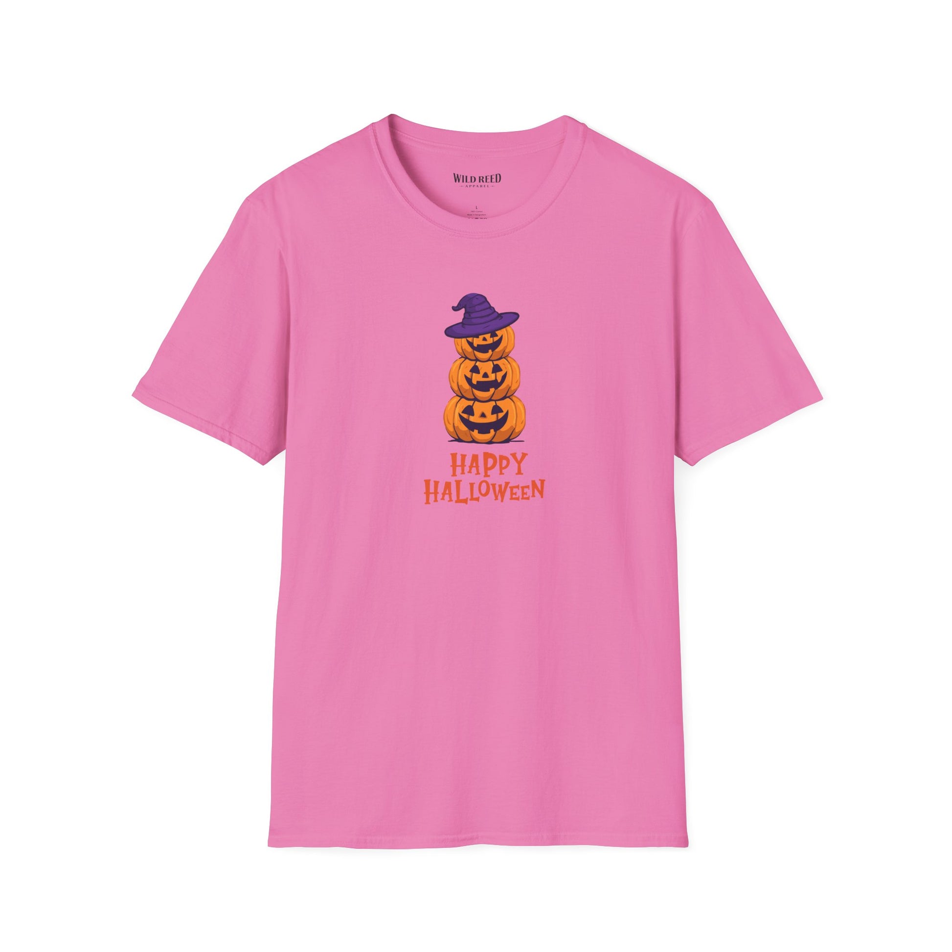A pink short-sleeve crewneck t-shirt featuring a graphic of three stacked jack-o'-lantern pumpkins wearing a purple witch hat with 'HAPPY HALLOWEEN' printed below in orange, displayed on a clean white background.