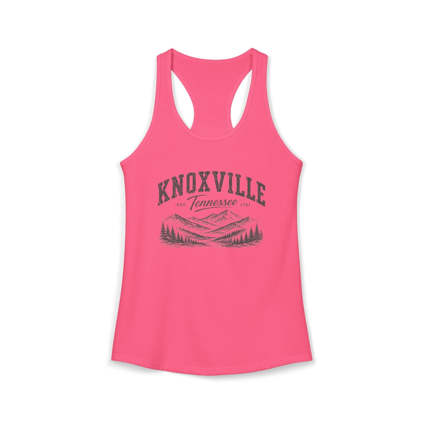 Pink racerback tank top with 'Knoxville, Tennessee' graphic on a white background