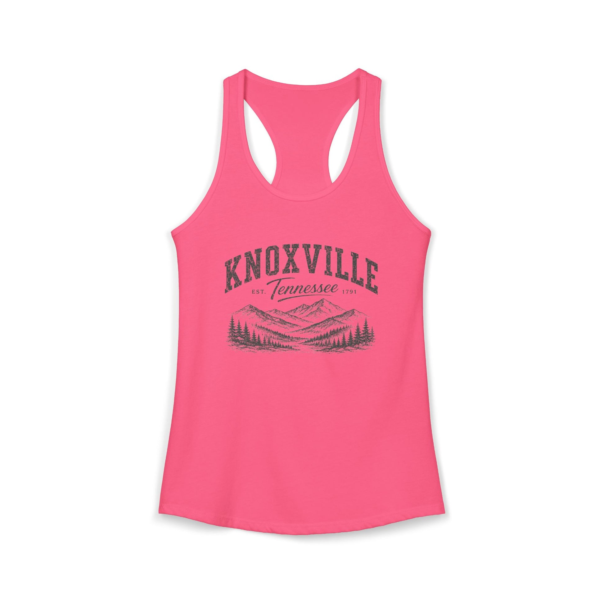 Pink racerback tank top with 'Knoxville, Tennessee' graphic on a white background