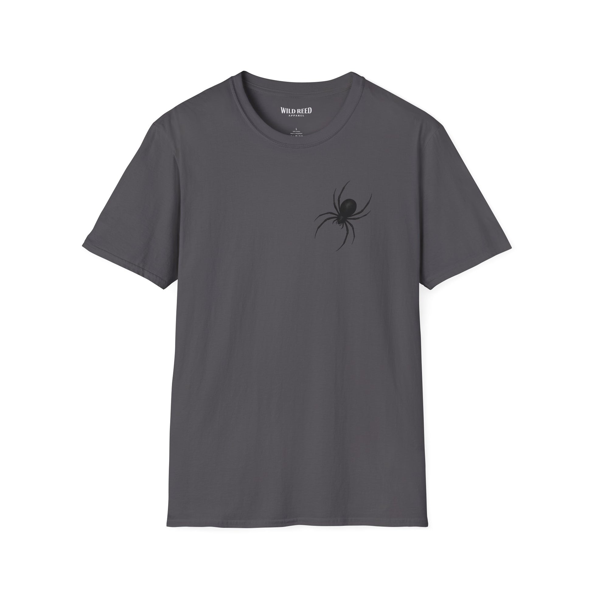 Black Spider graphic charcoal tee with a subtle black spider chest print