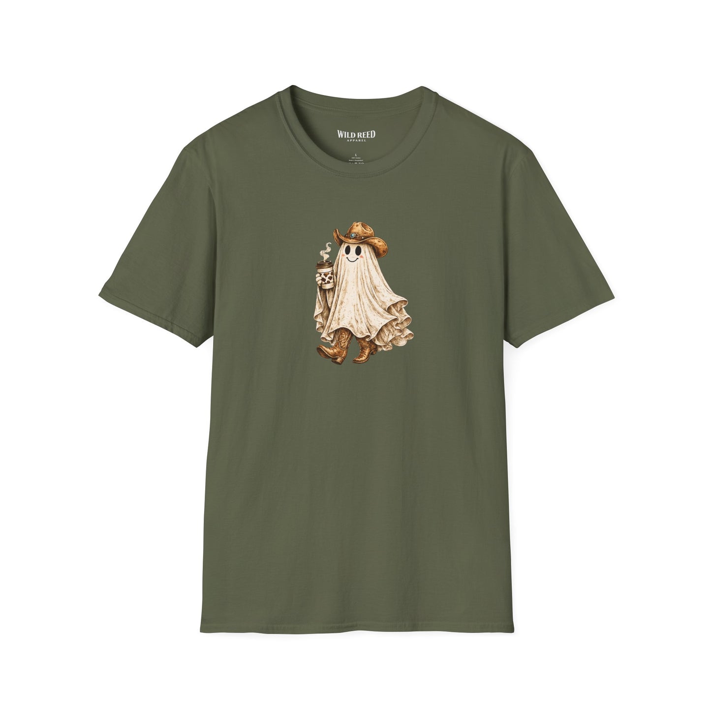 Vintage western ghost graphic on a military green t-shirt featuring a smiling ghost in a cowboy hat and cowboy boots holding a cow print coffee cup.