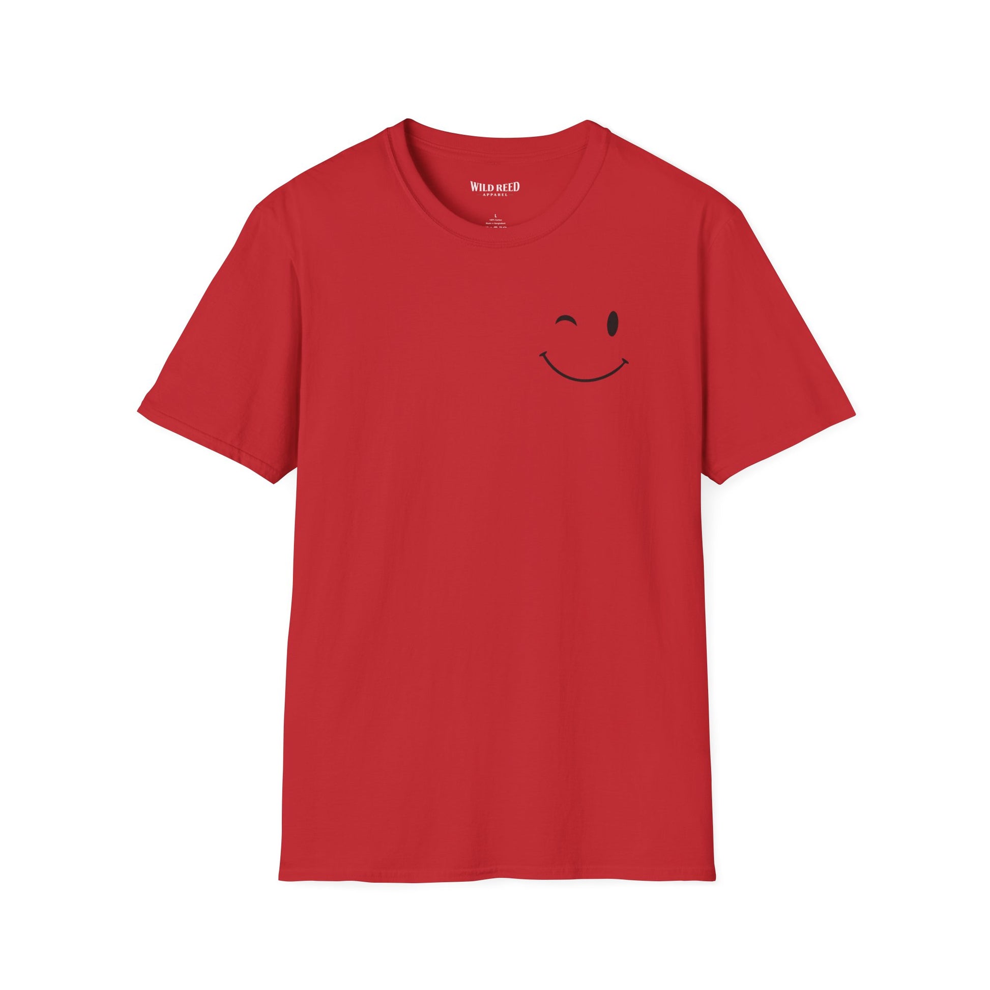 red graphic T-shirt with a small winking smiley face on the front and Have the kind of day you deserve printed on the back.