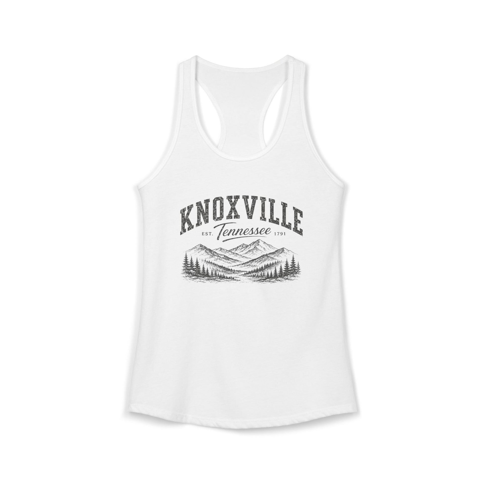 White racerback tank top with 'Knoxville, Tennessee' graphic on a white background