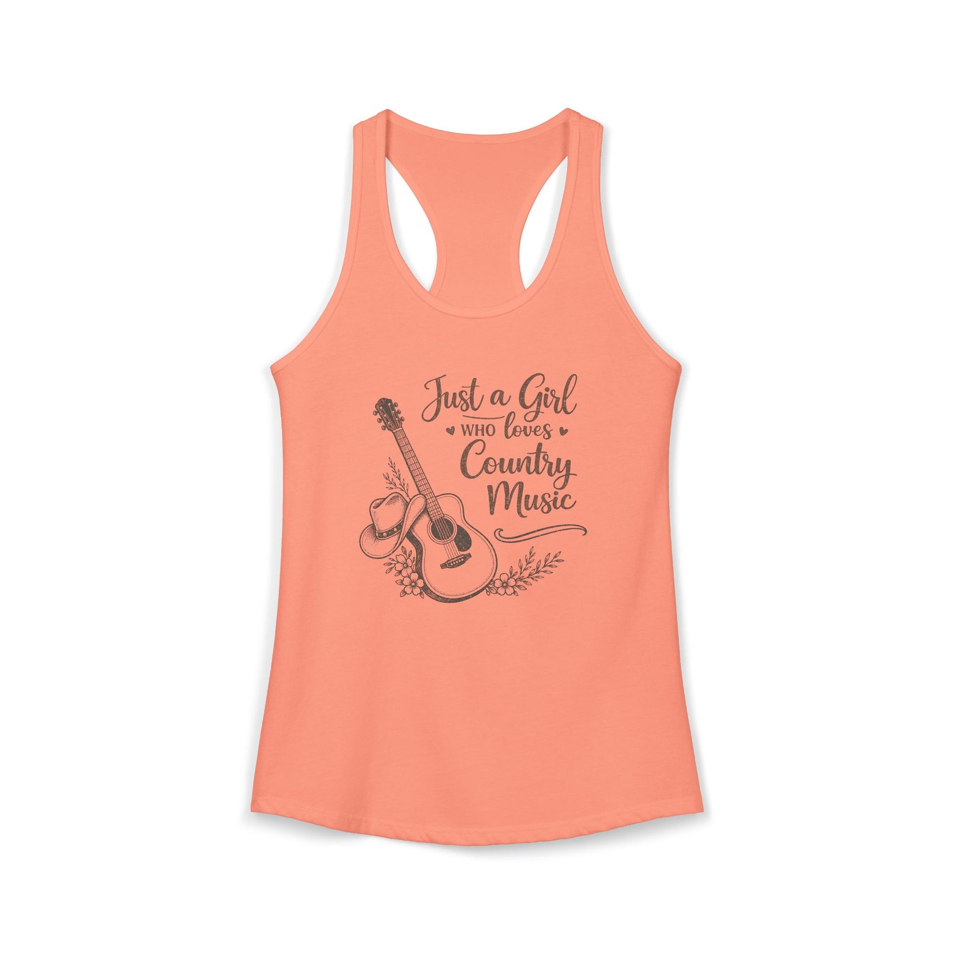 Coral racerback tank top with vintage Just a Girl Who Loves Country Music western guitar graphic 