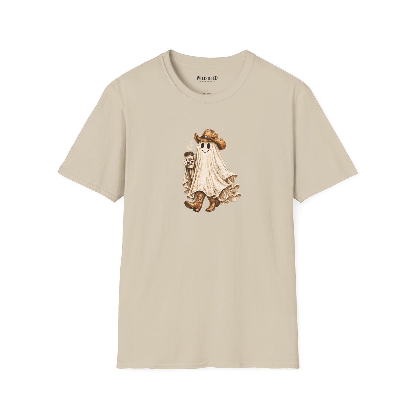 Vintage western ghost graphic on a sand t-shirt featuring a smiling ghost in a cowboy hat and cowboy boots holding a cow print coffee cup.