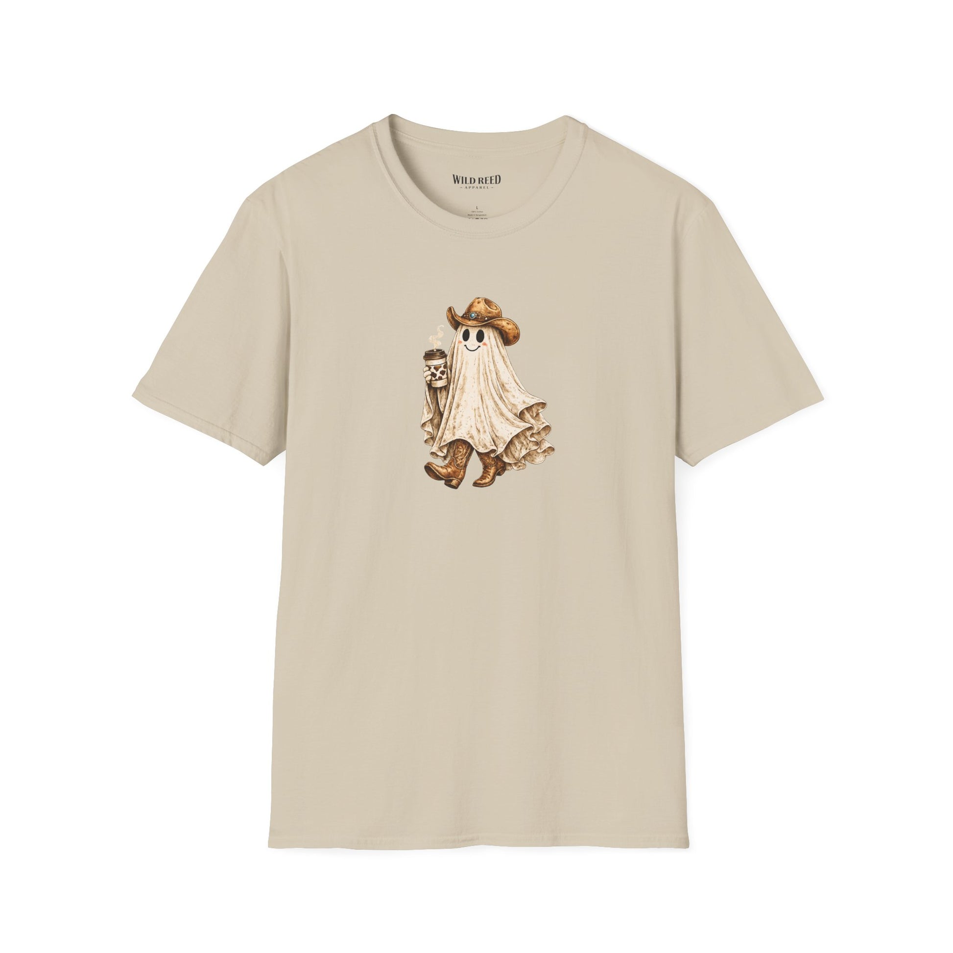 Vintage western ghost graphic on a sand t-shirt featuring a smiling ghost in a cowboy hat and cowboy boots holding a cow print coffee cup.