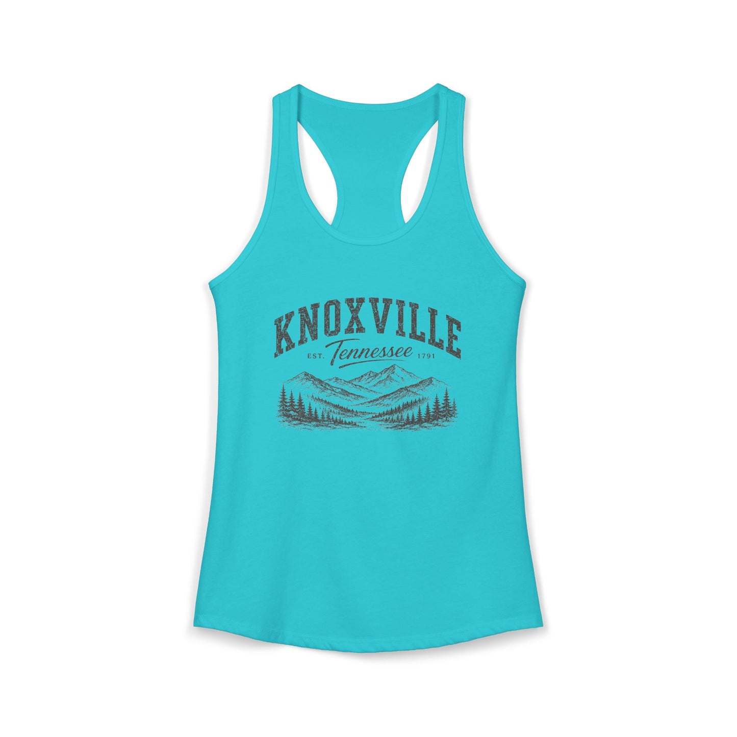 Turquoise racerback tank top with 'Knoxville, Tennessee' graphic on a white background