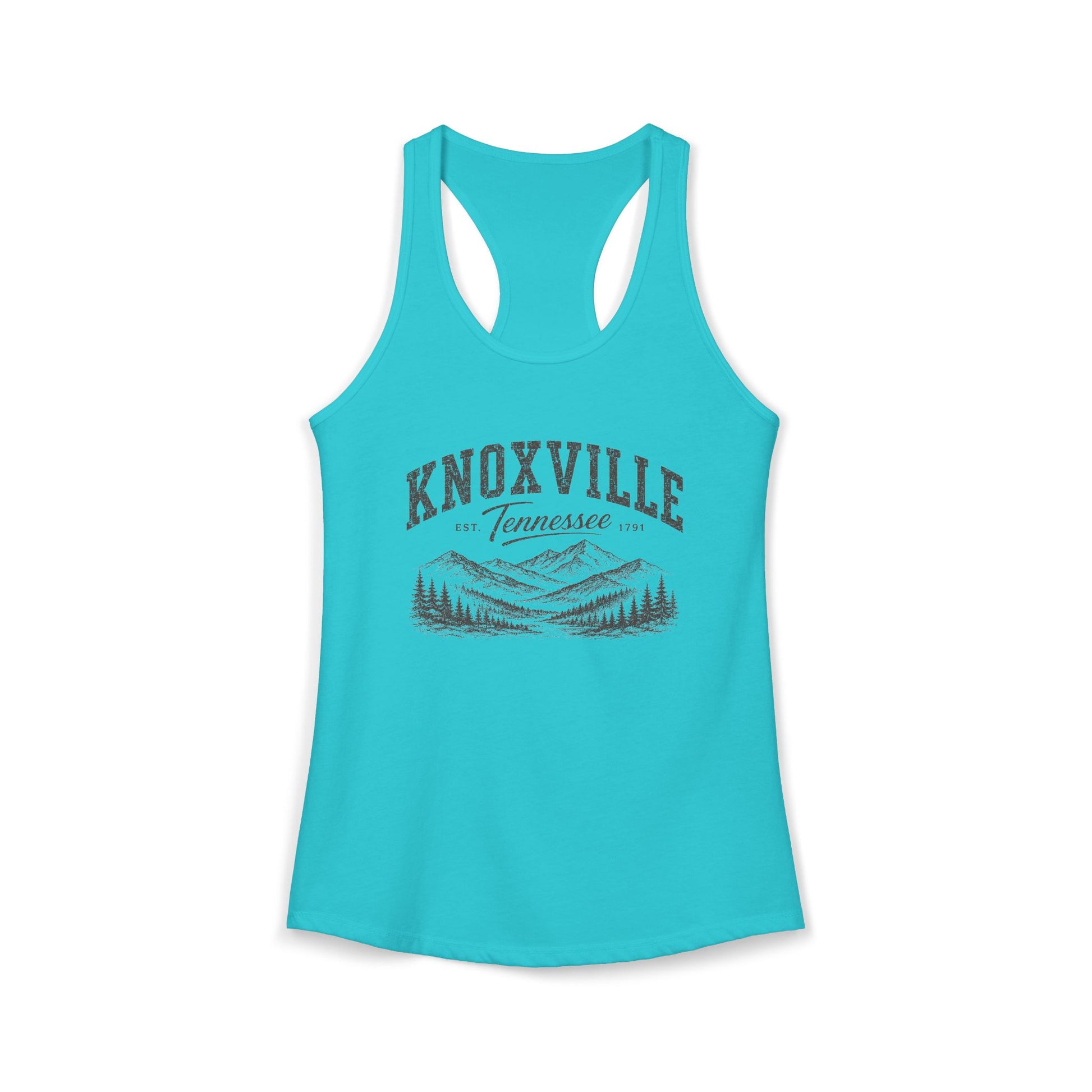 Turquoise racerback tank top with 'Knoxville, Tennessee' graphic on a white background