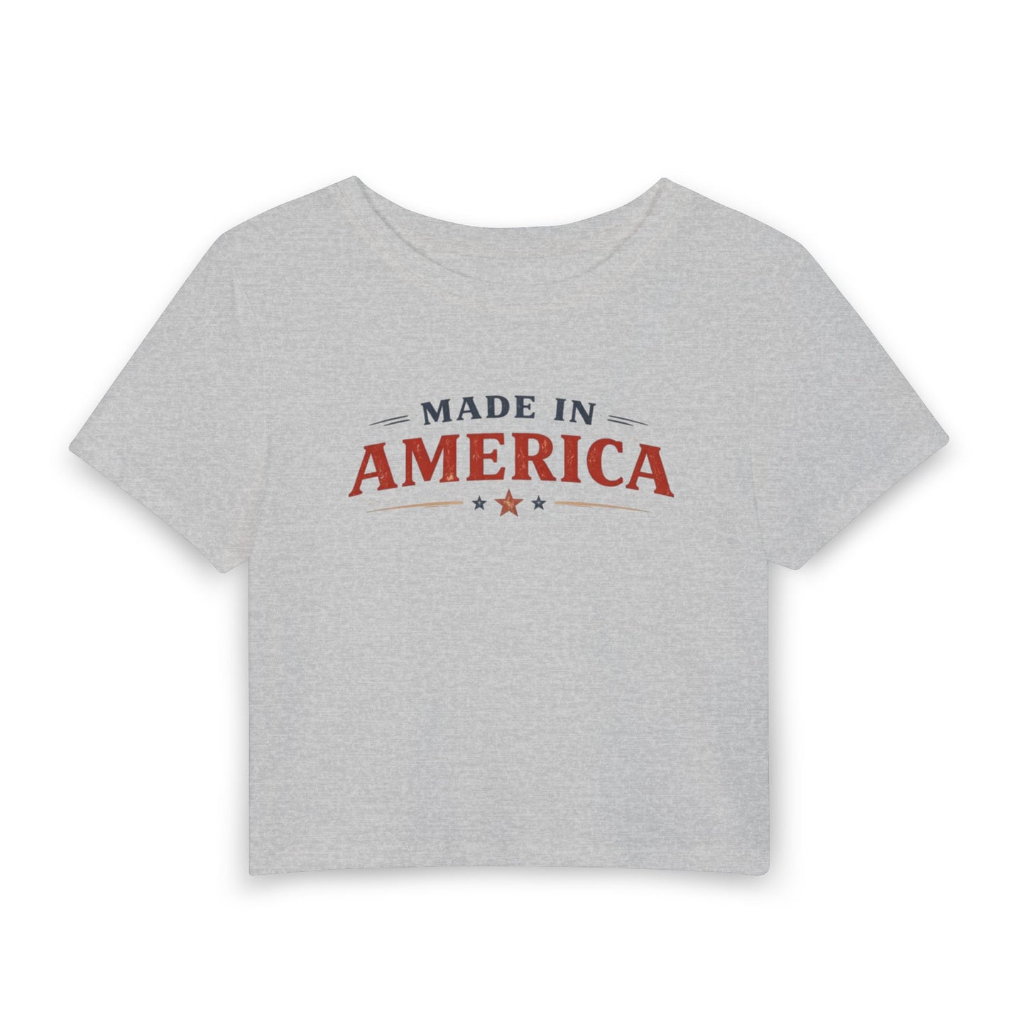 Gray crop top with 'Made in America' text on a white background