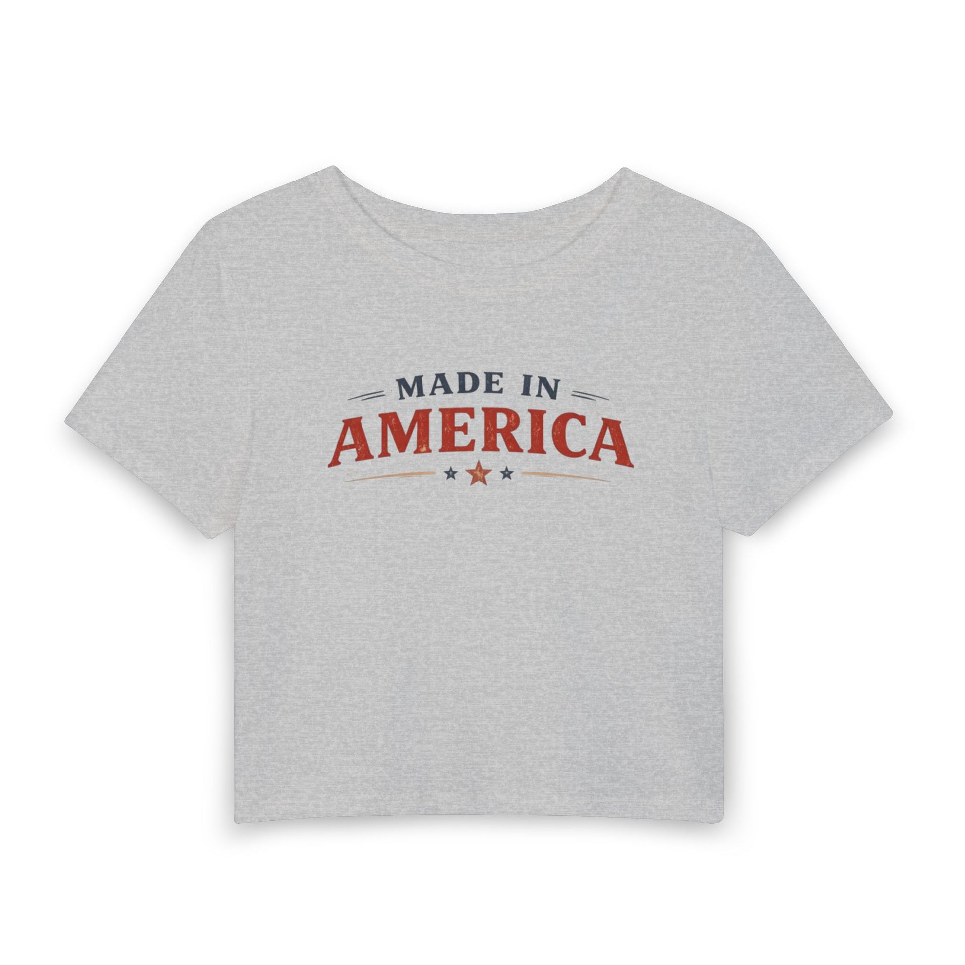 Gray crop top with 'Made in America' text on a white background