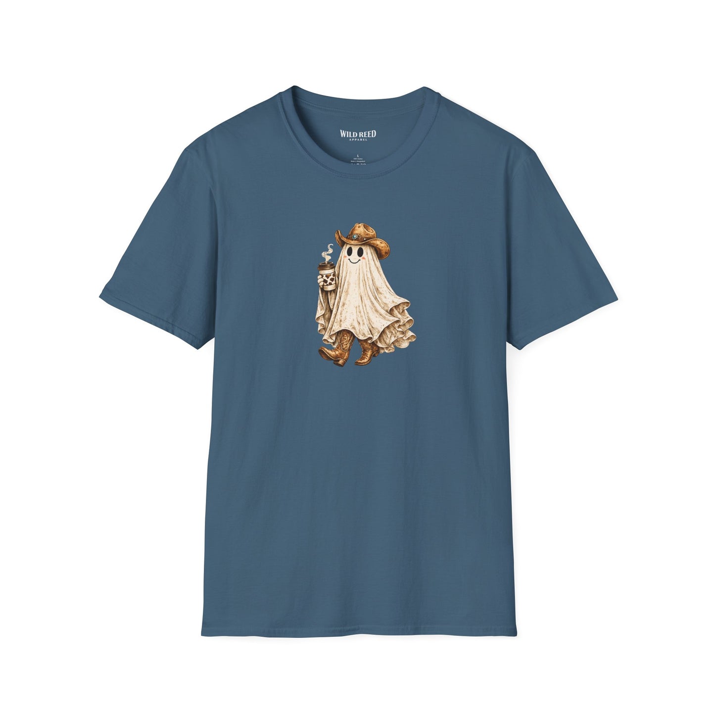 Vintage western ghost graphic on a indigo blue t-shirt featuring a smiling ghost in a cowboy hat and cowboy boots holding a cow print coffee cup.