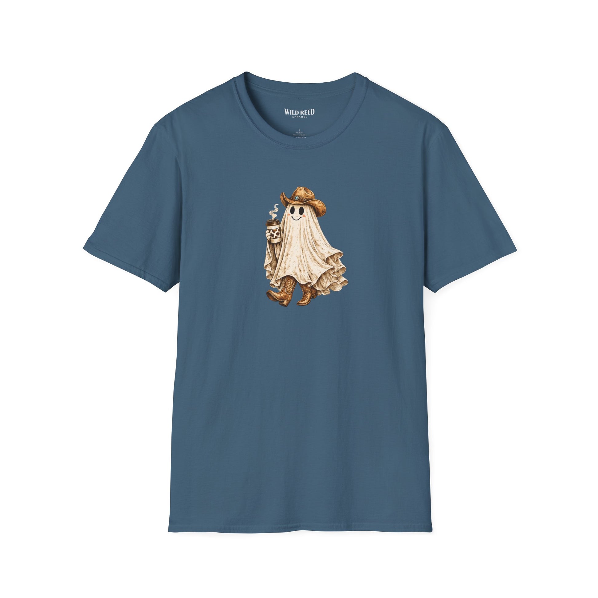 Vintage western ghost graphic on a indigo blue t-shirt featuring a smiling ghost in a cowboy hat and cowboy boots holding a cow print coffee cup.