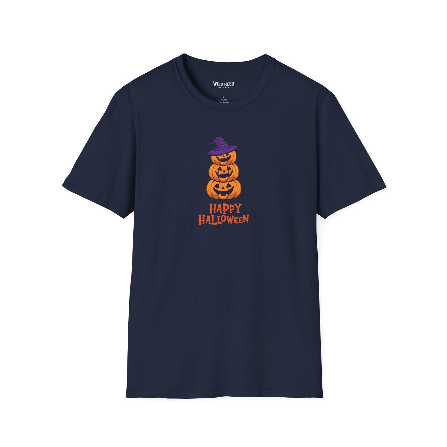 A navy blue short-sleeve crewneck t-shirt featuring a graphic of three stacked orange jack-o'-lantern pumpkins wearing a purple witch hat, with 'HAPPY HALLOWEEN' printed below in orange.