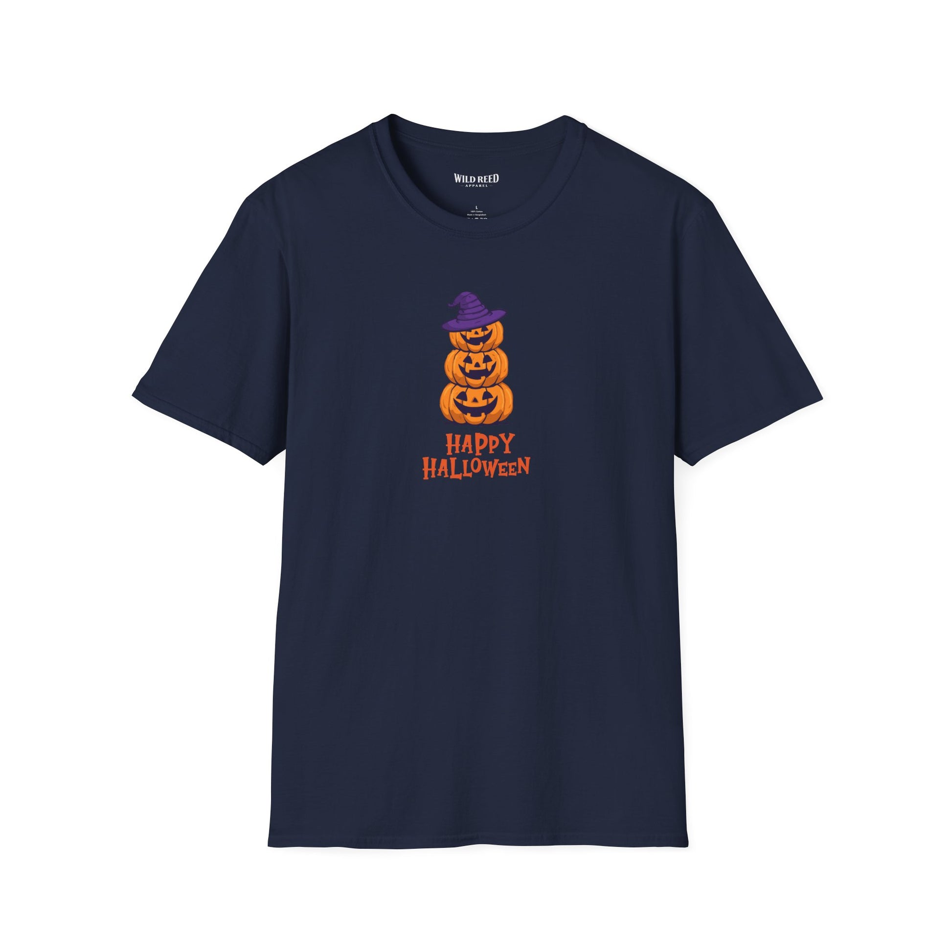 A navy blue short-sleeve crewneck t-shirt featuring a graphic of three stacked orange jack-o'-lantern pumpkins wearing a purple witch hat, with 'HAPPY HALLOWEEN' printed below in orange.