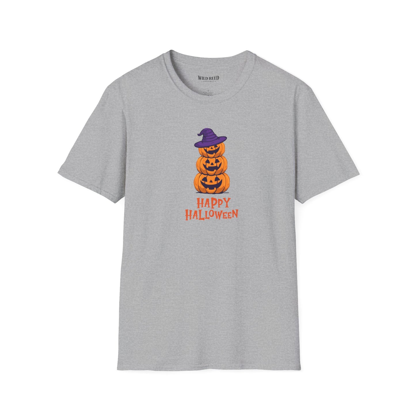 A light gray short-sleeve crewneck t-shirt featuring a graphic of three stacked orange jack-o'-lantern pumpkins wearing a purple witch hat, with 'HAPPY HALLOWEEN' printed below in orange.