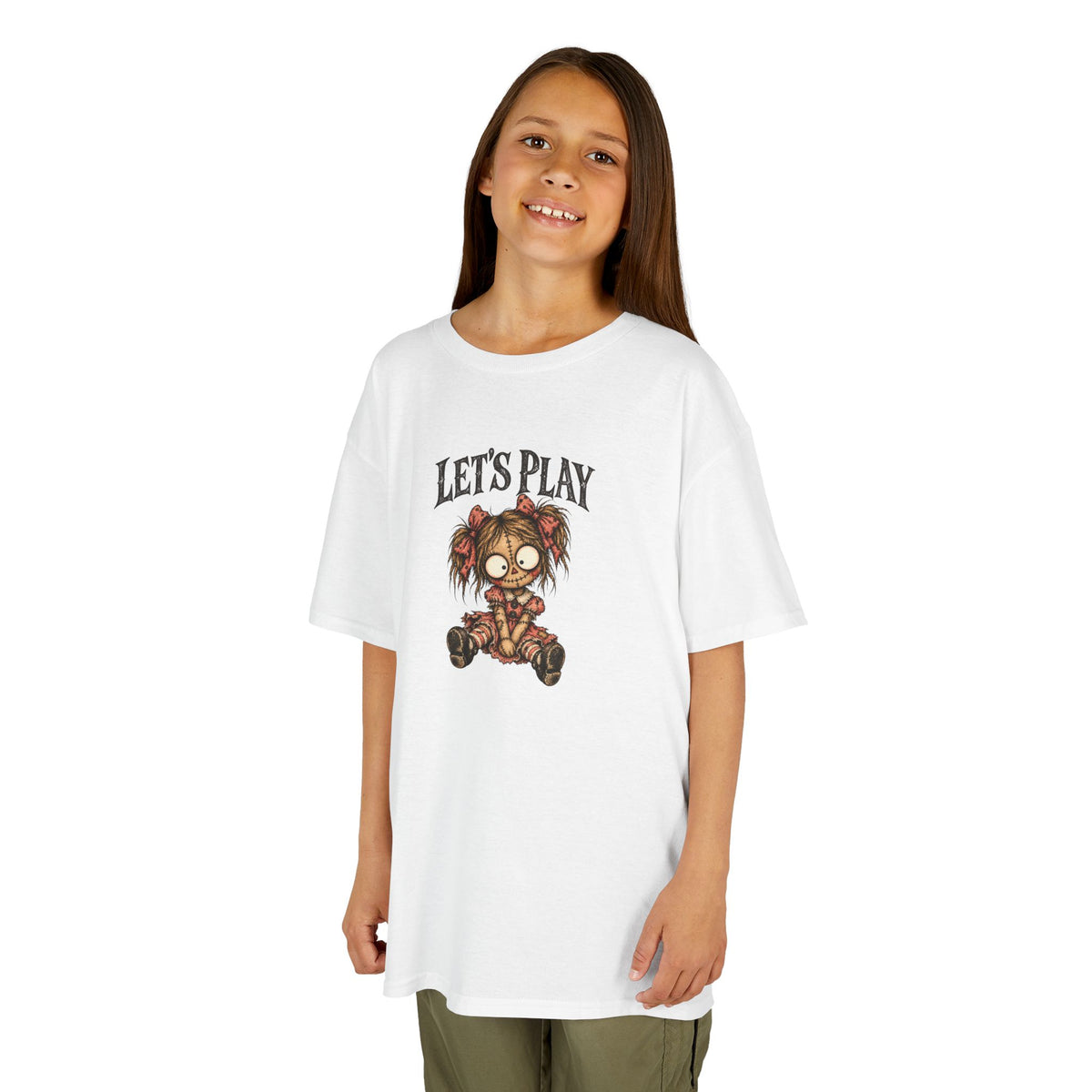 Let's Play Creepy Doll Youth Halloween T-Shirt | Spooky Kids Graphic Tee