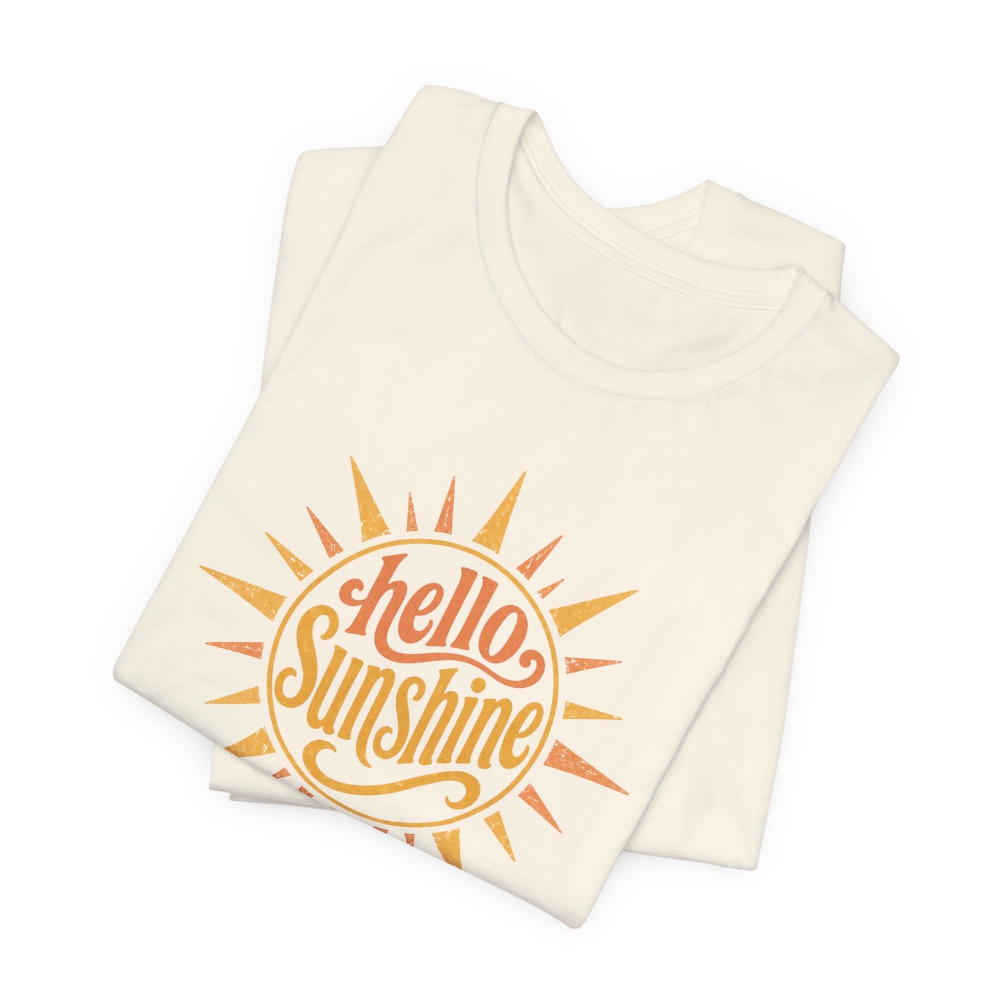 Folded tank top with 'hello sunshine' print on a white background