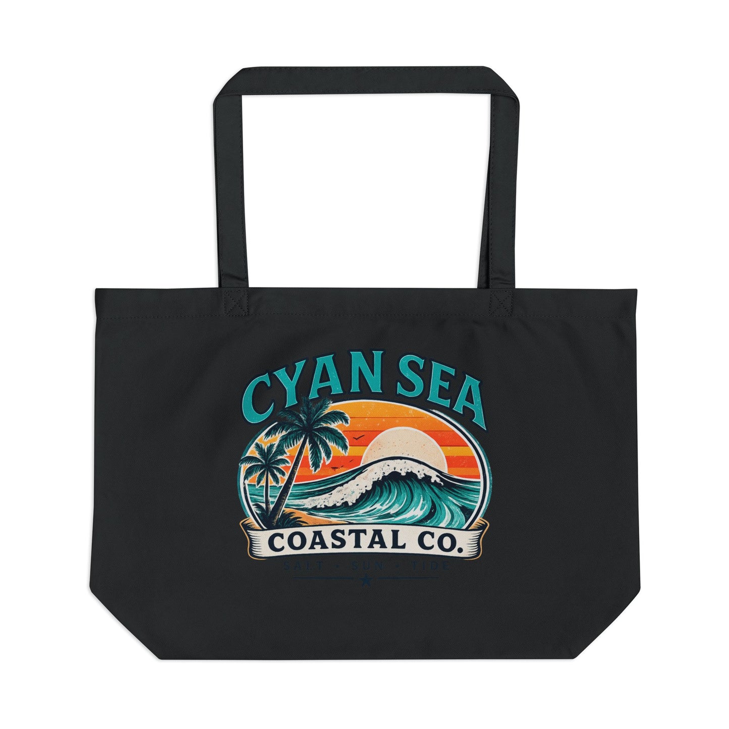 Cyan Sea Coastal Tote Bag • Beach Tote • Summer Canvas Bag • Ocean Wave Palm Design • Everyday Carry Bag