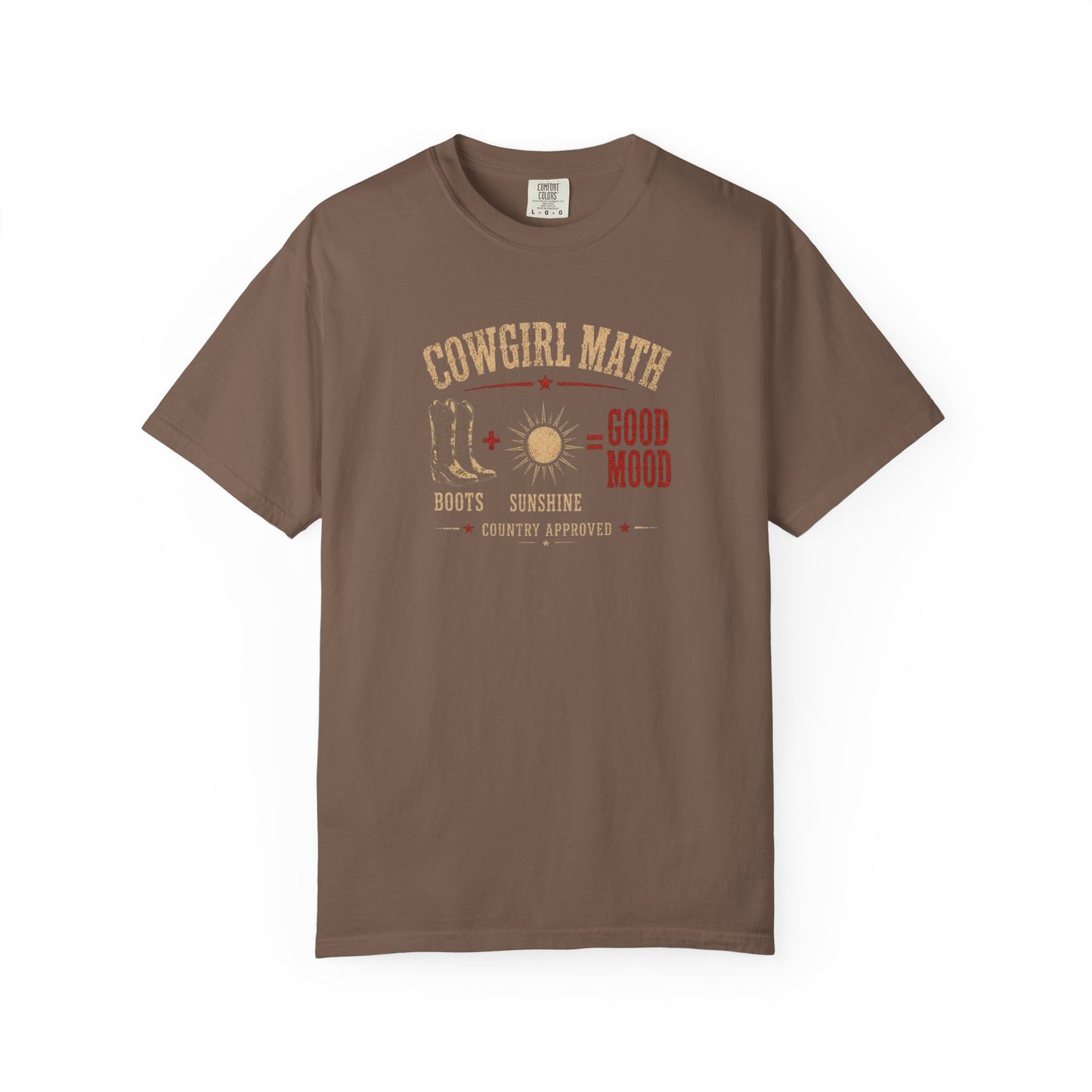 Cowgirl Math graphic tee with boots and sunshine western design in espresso