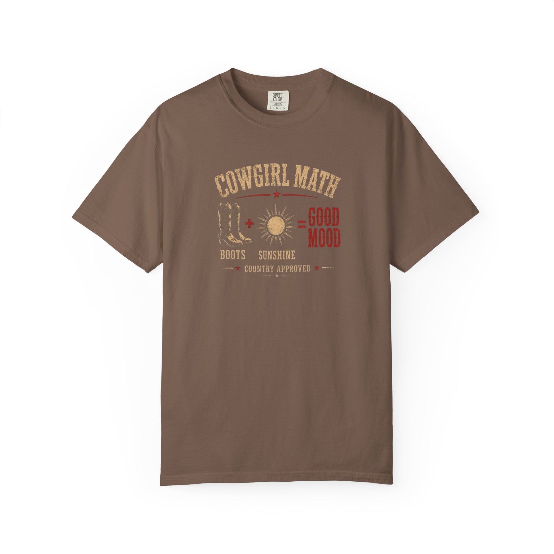 Cowgirl Math graphic tee with boots and sunshine western design in espresso