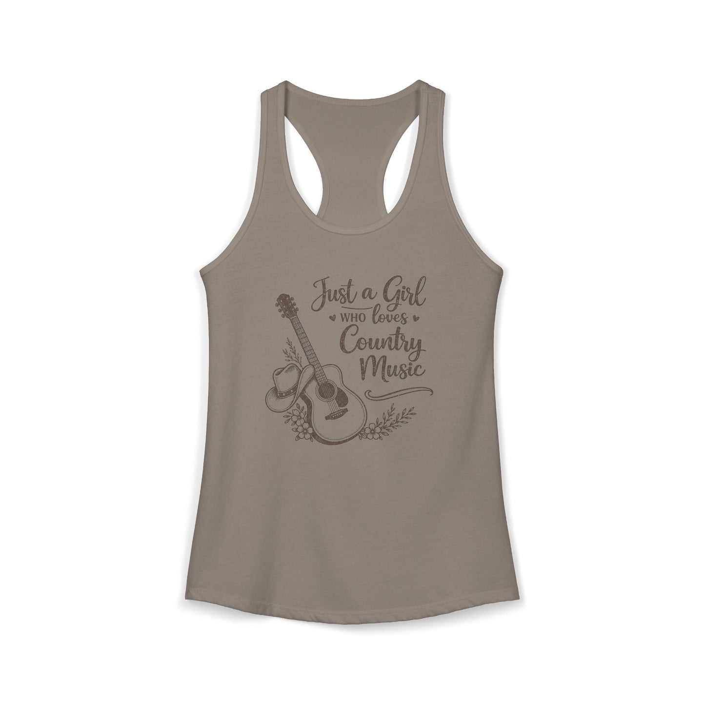 Solid gray racerback tank top with vintage Just a Girl Who Loves Country Music western guitar graphic 