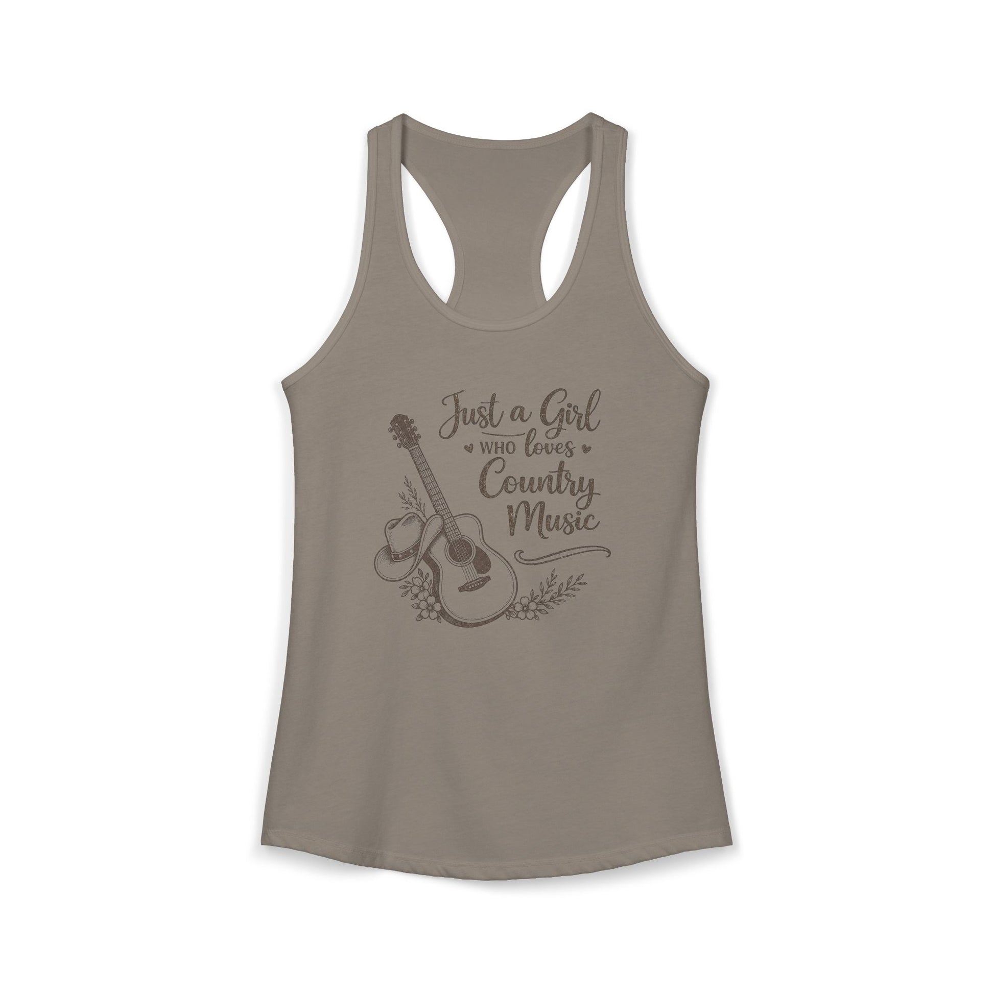 Solid gray racerback tank top with vintage Just a Girl Who Loves Country Music western guitar graphic 