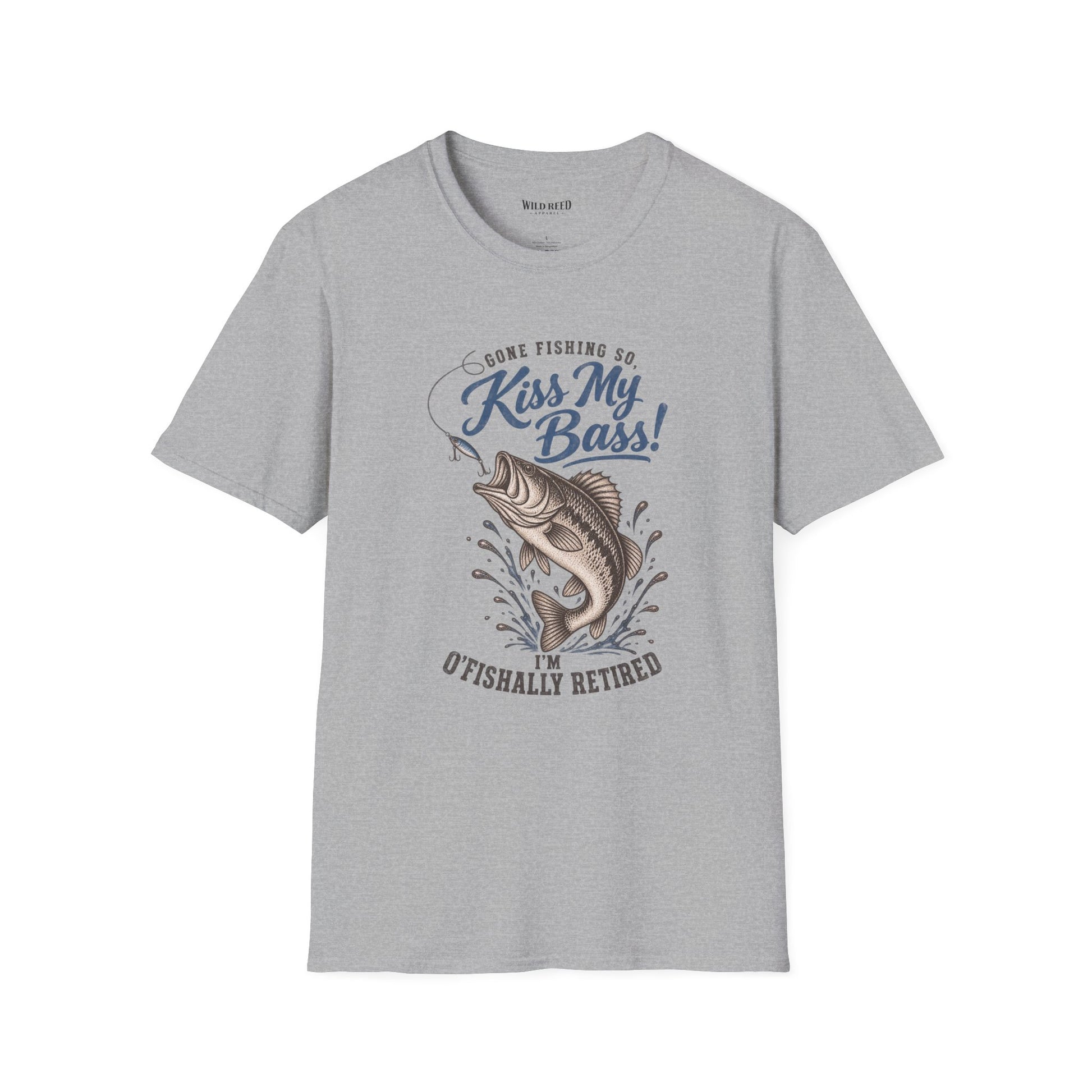 gray graphic t-shirt with a blue and brown fish design and the text 'Gone Fishing So, Kiss My Bass! I'm O'Fishally Retired