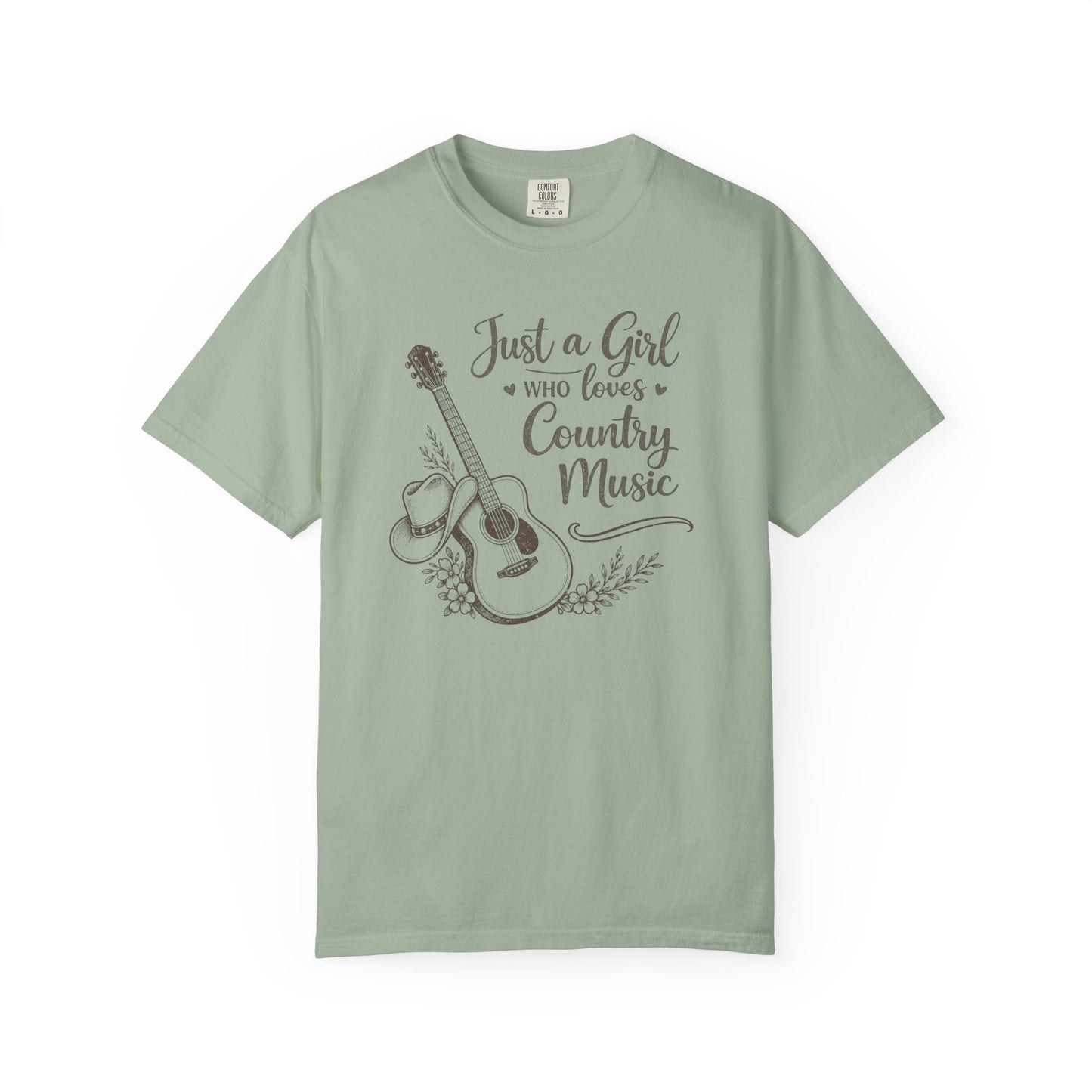 Bay t-shirt with a graphic of a guitar and text 'Just a Girl Who Loves Country Music' on a white background