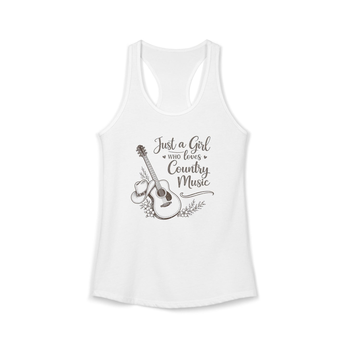 white racerback tank top with vintage Just a Girl Who Loves Country Music western guitar graphic 