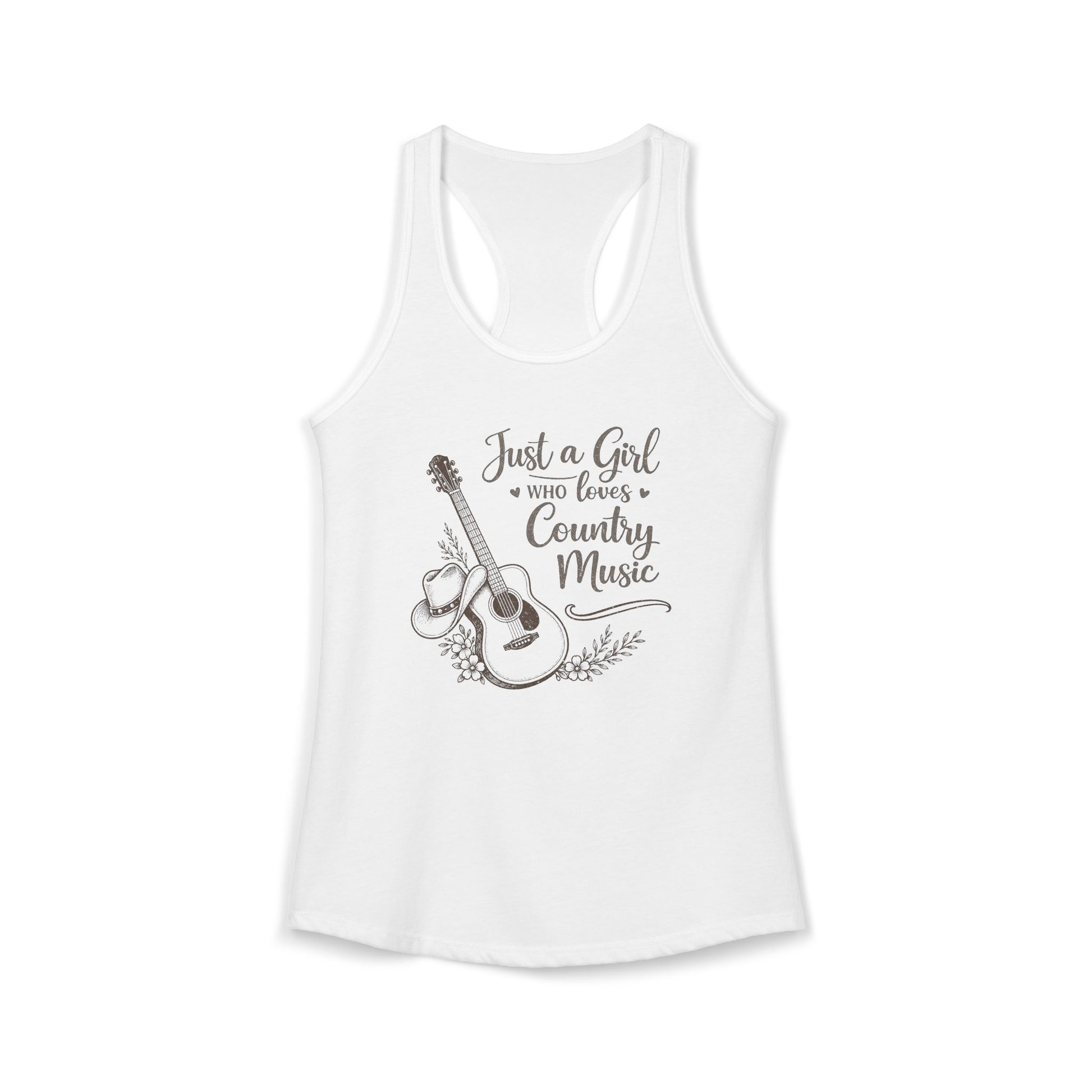 white racerback tank top with vintage Just a Girl Who Loves Country Music western guitar graphic 