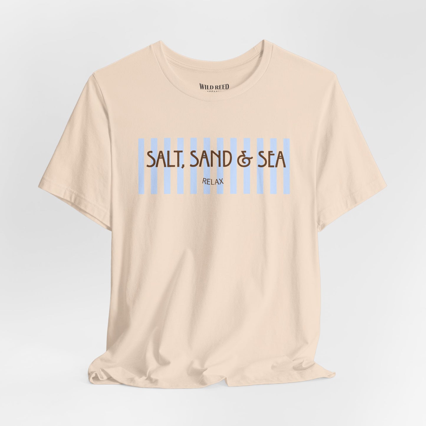 Beige Salt, Sand & Sea beach graphic tee featuring light blue stripes and brown vintage-inspired lettering.