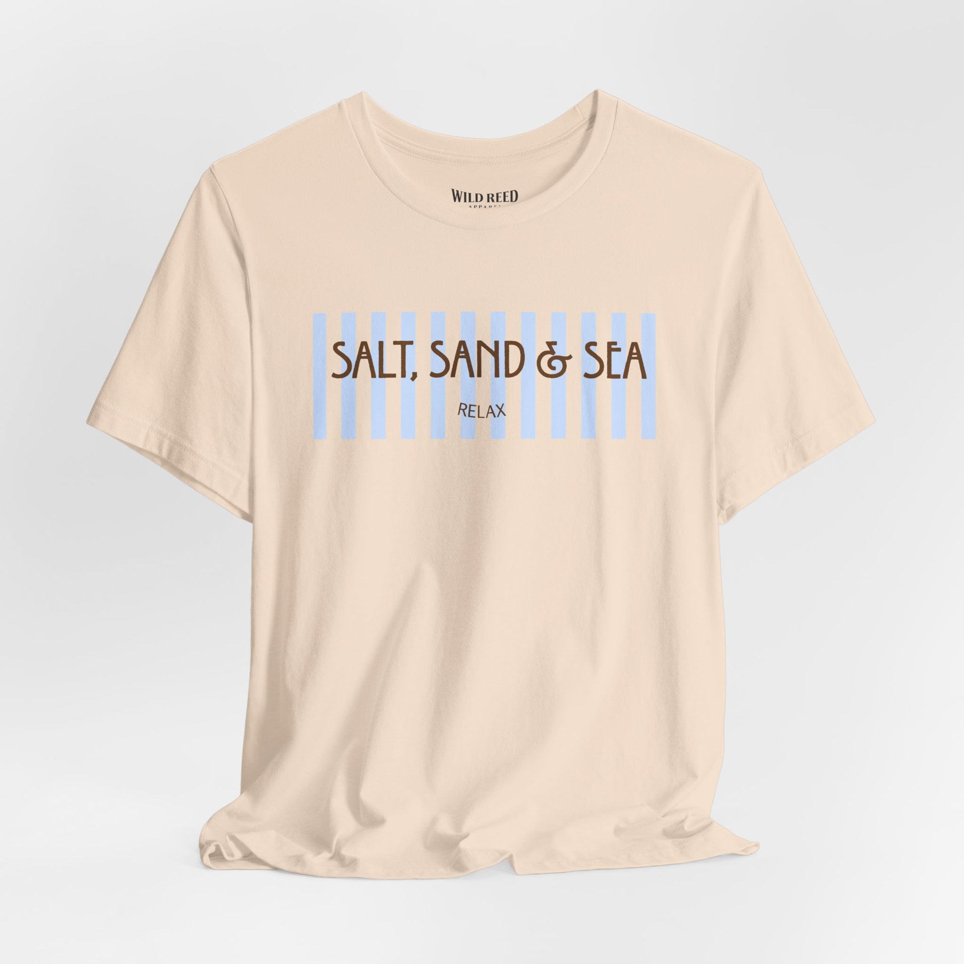 Beige Salt, Sand & Sea beach graphic tee featuring light blue stripes and brown vintage-inspired lettering.