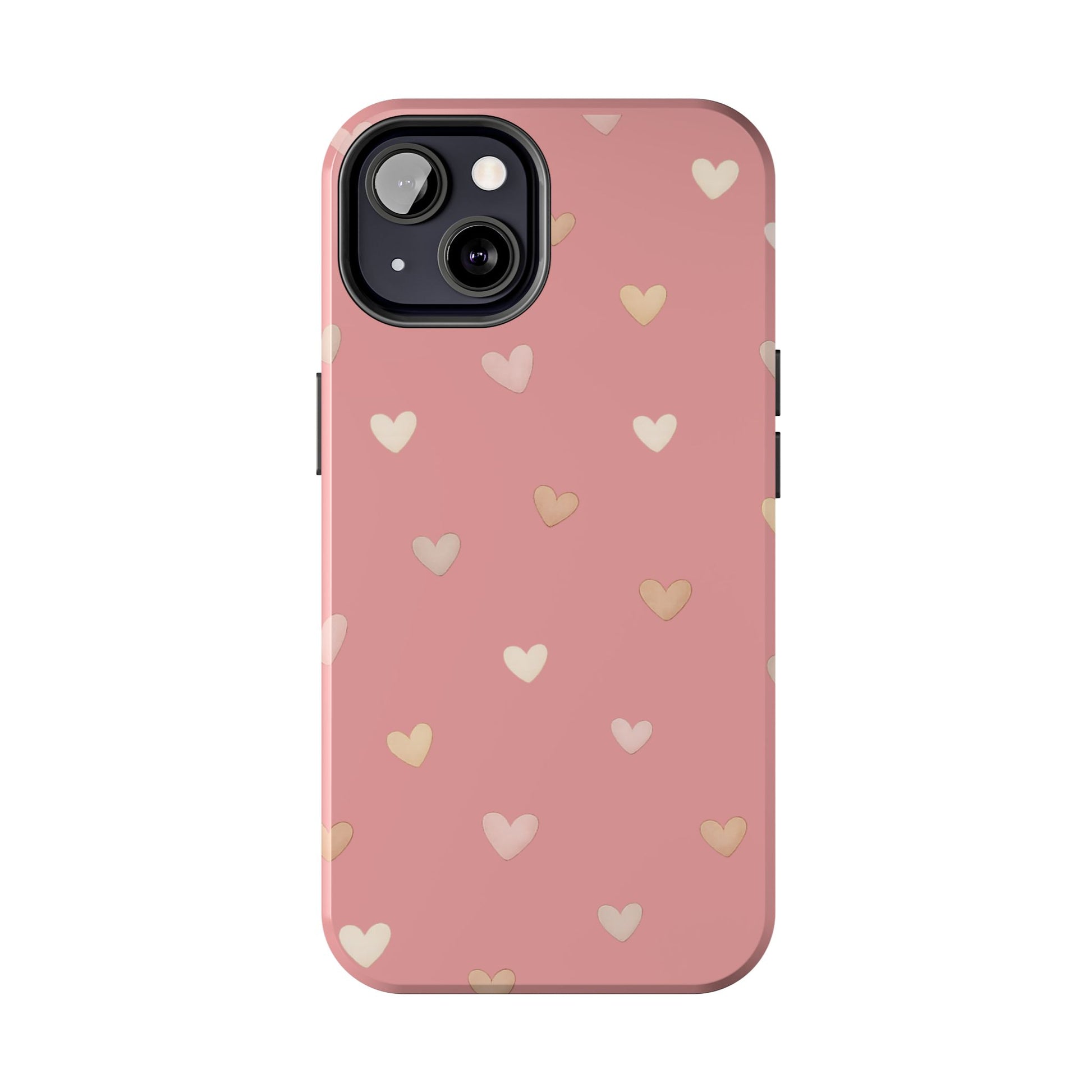 Neutral mini hearts phone case with blush background and soft scattered heart pattern in warm tones