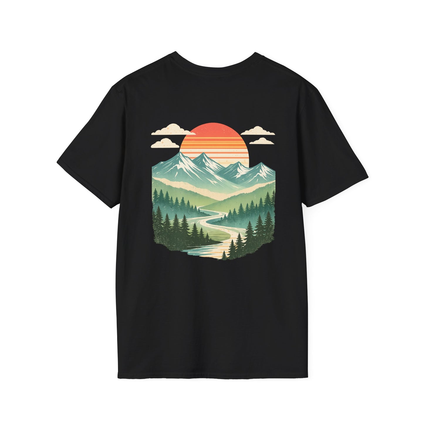 Retro Mountain Sunset Back Print T-Shirt | Vintage Outdoor Landscape Graphic Tee | Heritage Vintage Collection