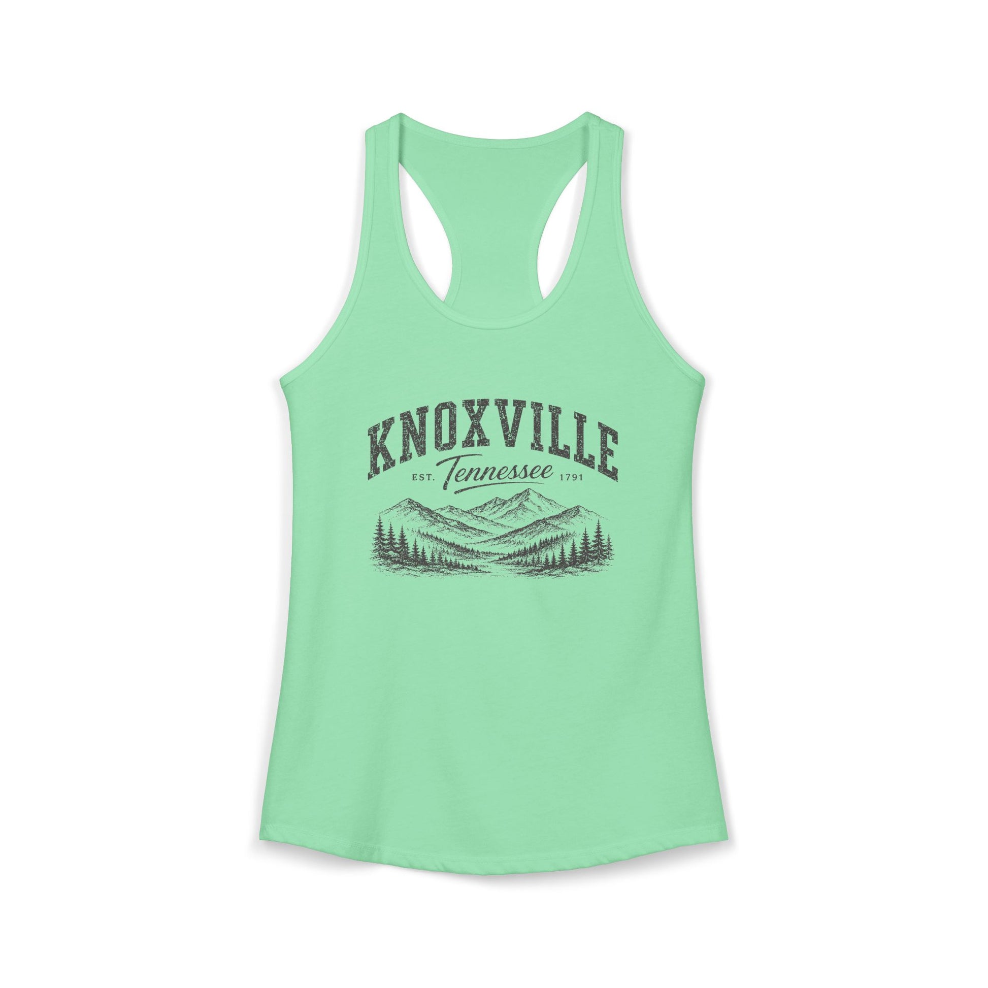 Mint Green racerback tank top with 'Knoxville, Tennessee' graphic on a white background