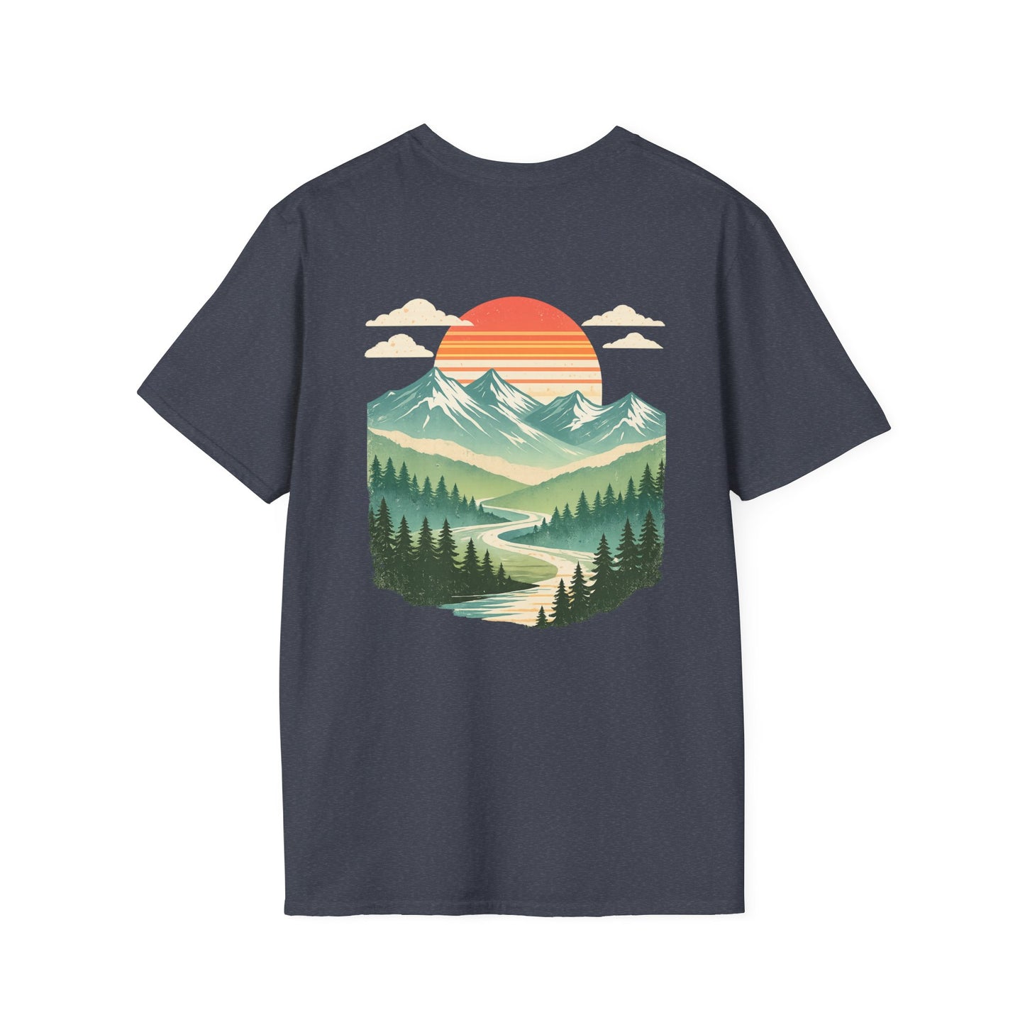 Retro Mountain Sunset Back Print T-Shirt | Vintage Outdoor Landscape Graphic Tee | Heritage Vintage Collection