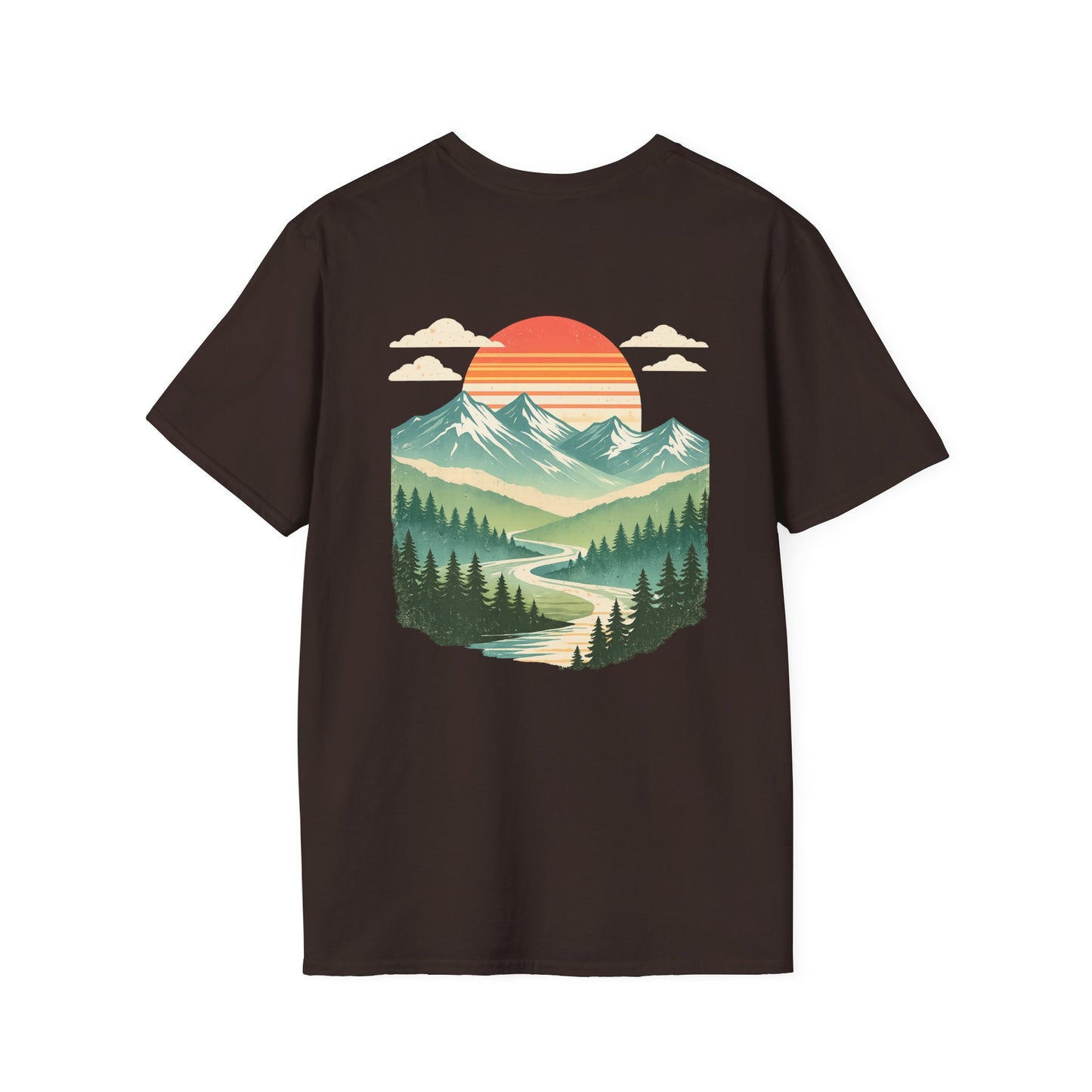 Retro Mountain Sunset Back Print T-Shirt | Vintage Outdoor Landscape Graphic Tee | Heritage Vintage Collection