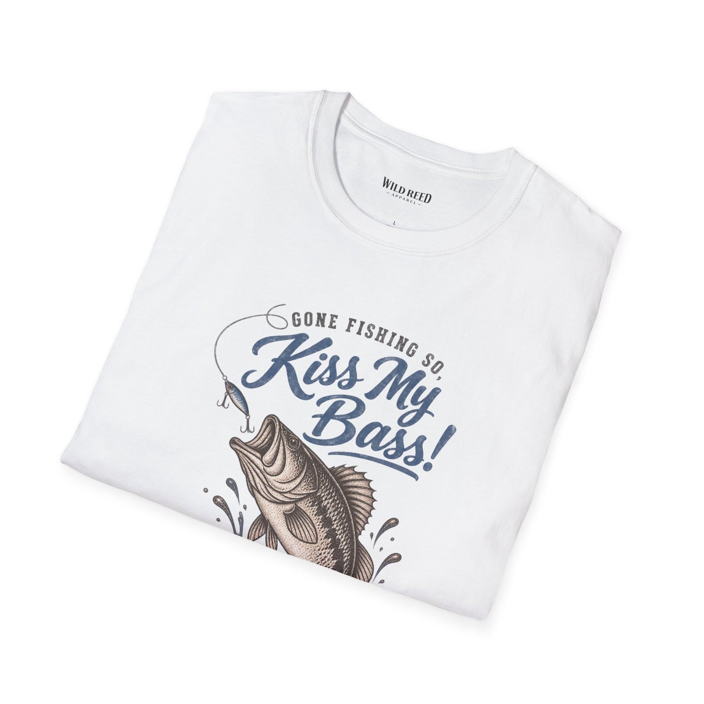 A folded white t-shirt with a graphic print that reads 'Gone Fishing So Kiss My Bass!' in blue script, featuring an illustration of a bass fish and a fishing lure. The brand 'Wild Bird' is printed inside the collar.