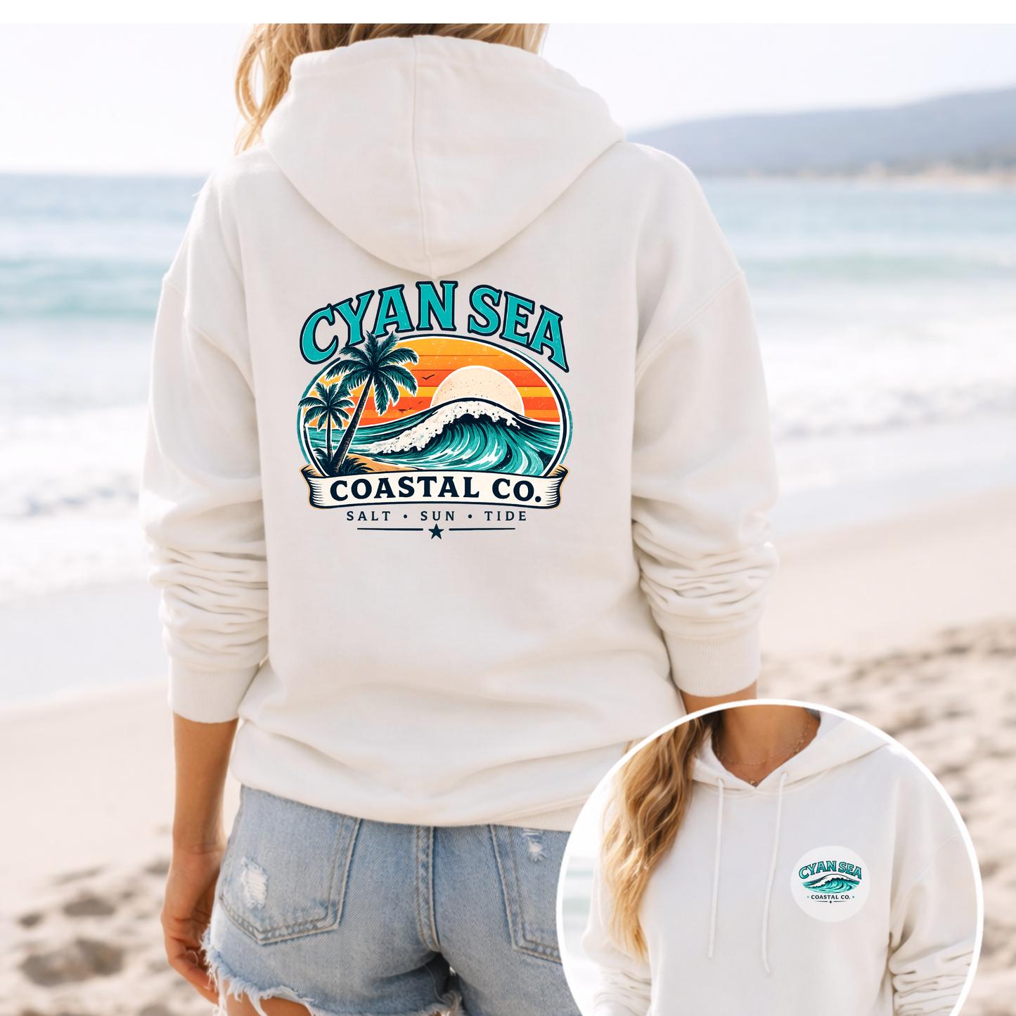Cyan Sea Coastal Hoodie • Relaxed Beach Pullover • Wild Reed