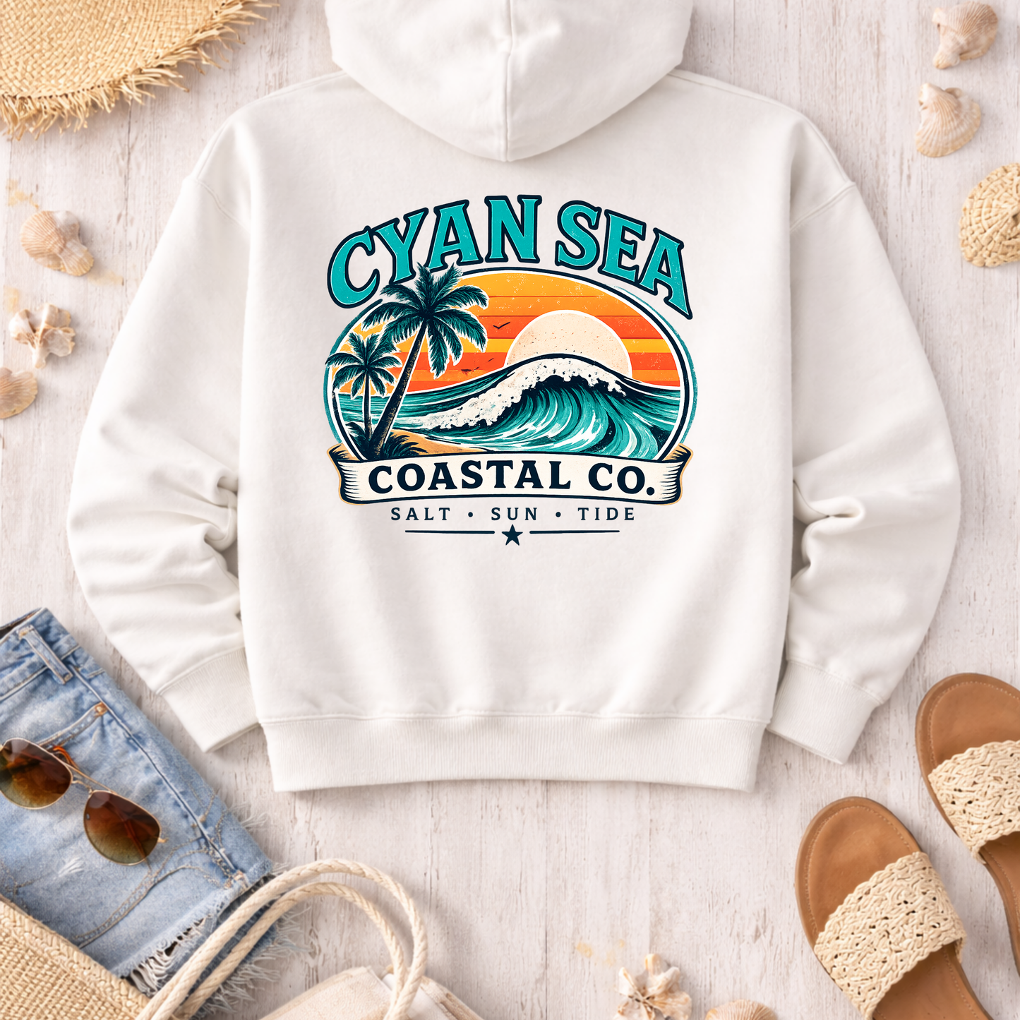 Cyan Sea Coastal Hoodie • Relaxed Beach Pullover • Wild Reed